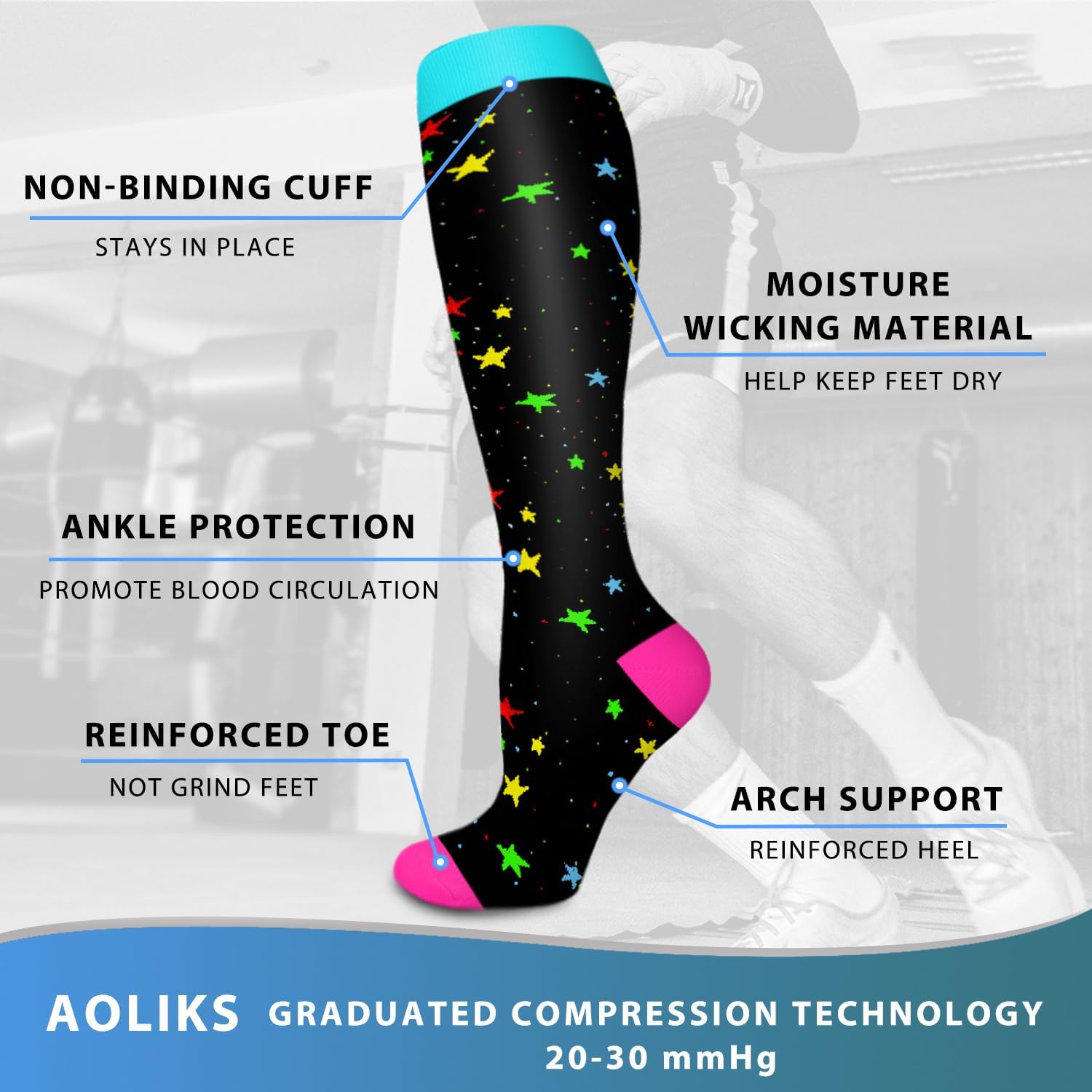 Detalle de CTHH 20–30 mmHg Knee-High Compression Socks, 7 Pairs with Patterned Designs