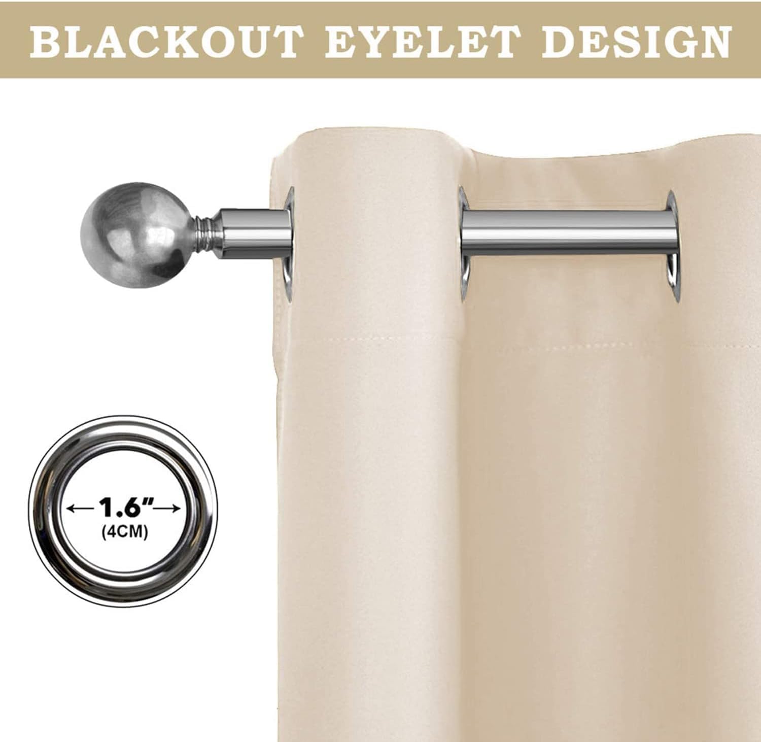 Thumbnail 1 de AMEHA Eyelet Blackout Curtains (2 Panel) – Cream, 66x54 Inch with Tiebacks