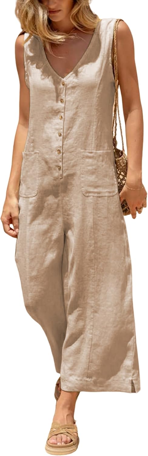 Detalle de Yeokou Women Button Down Jumpsuits: Cotton Linen Sleeveless Wide-Leg Romper with Pockets