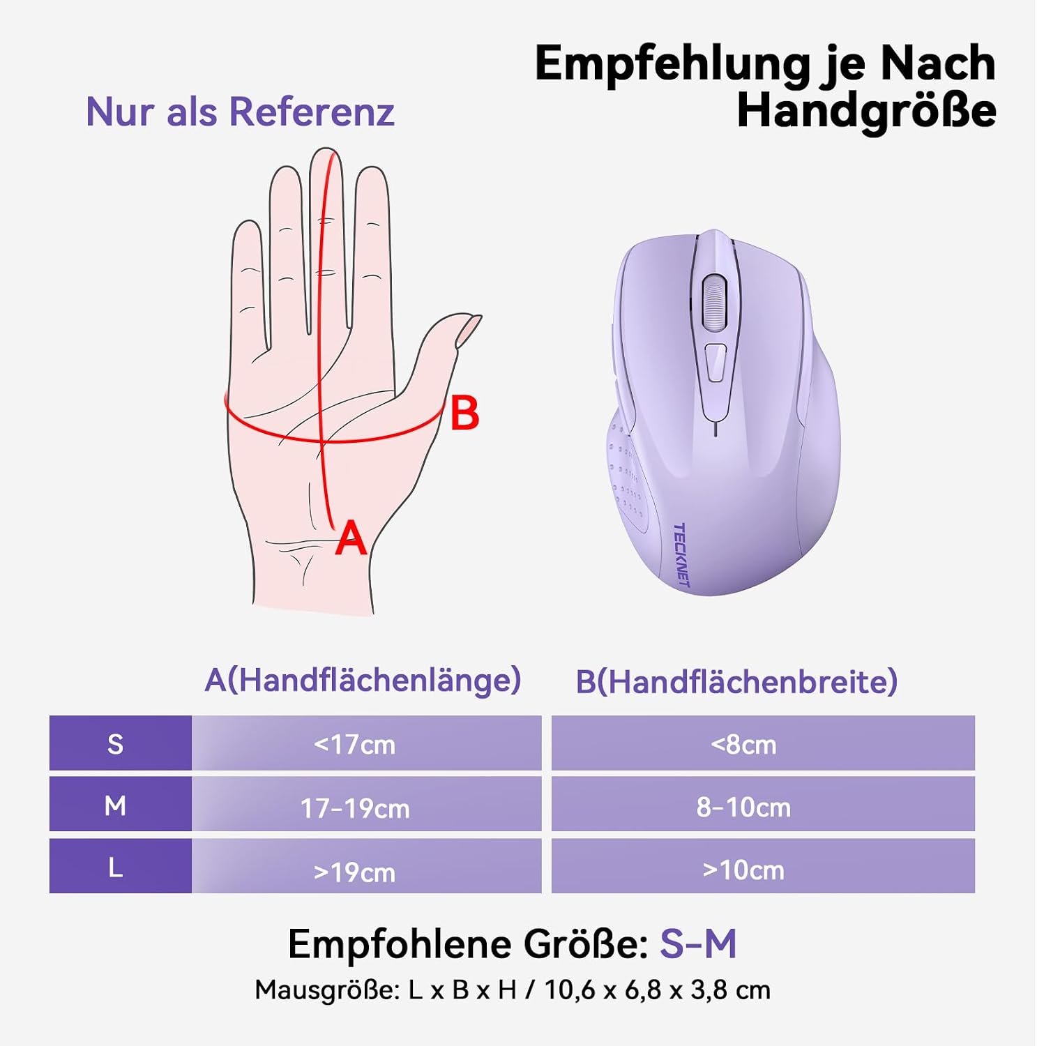 Detalle 2 de TECKNET Bluetooth Maus (wiederaufladbar, 3 Modi BT 5.0/3.0 + 2,4G, 4800 DPI) – ergonomisch, leise, lila