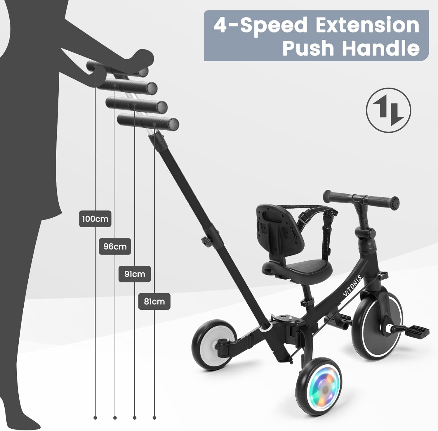 Thumbnail 6 de VITONIS Triciclo 5 in 1 per bambini 18 mesi–5 anni con ruote lampeggianti e cintura di sicurezza (nero)