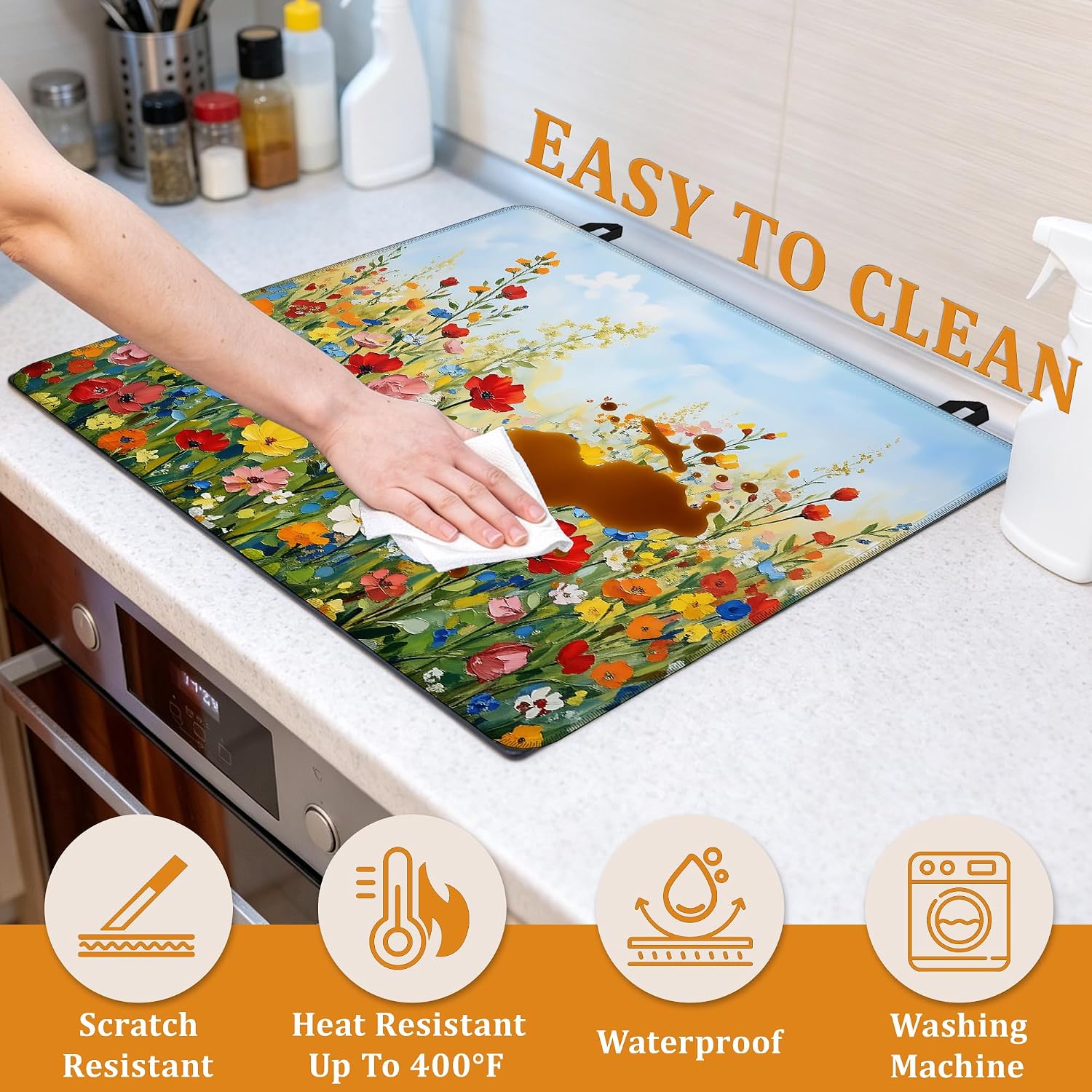 Detalle 1 de YIKTI Retro Oil Painting Stove Top Cover, 28 x 20 Inch, Heat-Resistant