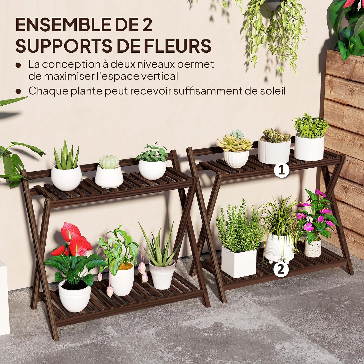 Detalle de Outsunny 84H-186V00TN plantenstandaardset met 2 niveaus, bruin hout