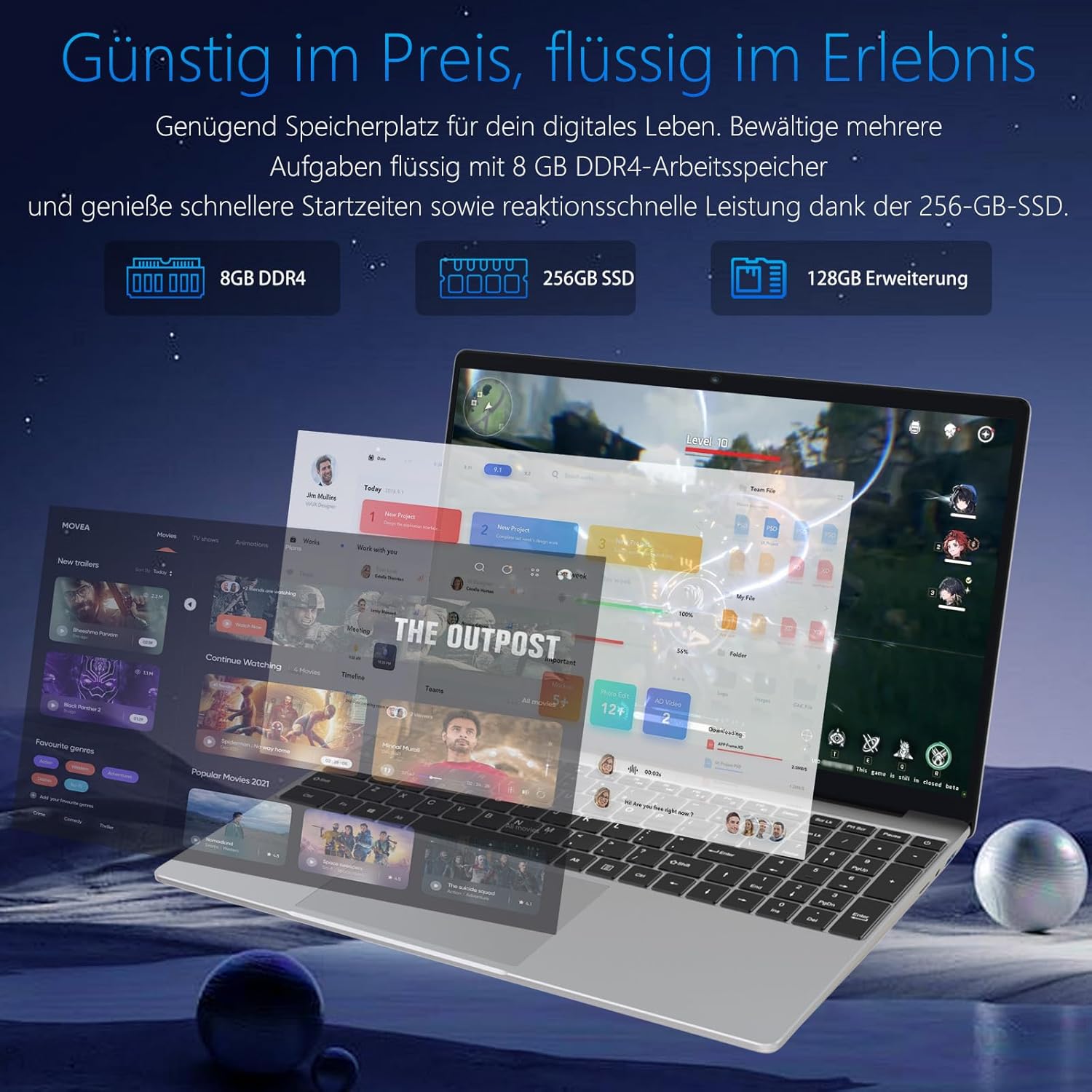 Detalle de Trygood Laptop 15,6 Zoll – Full HD IPS, Fingerabdruck-ID, 8GB RAM, 256GB SSD
