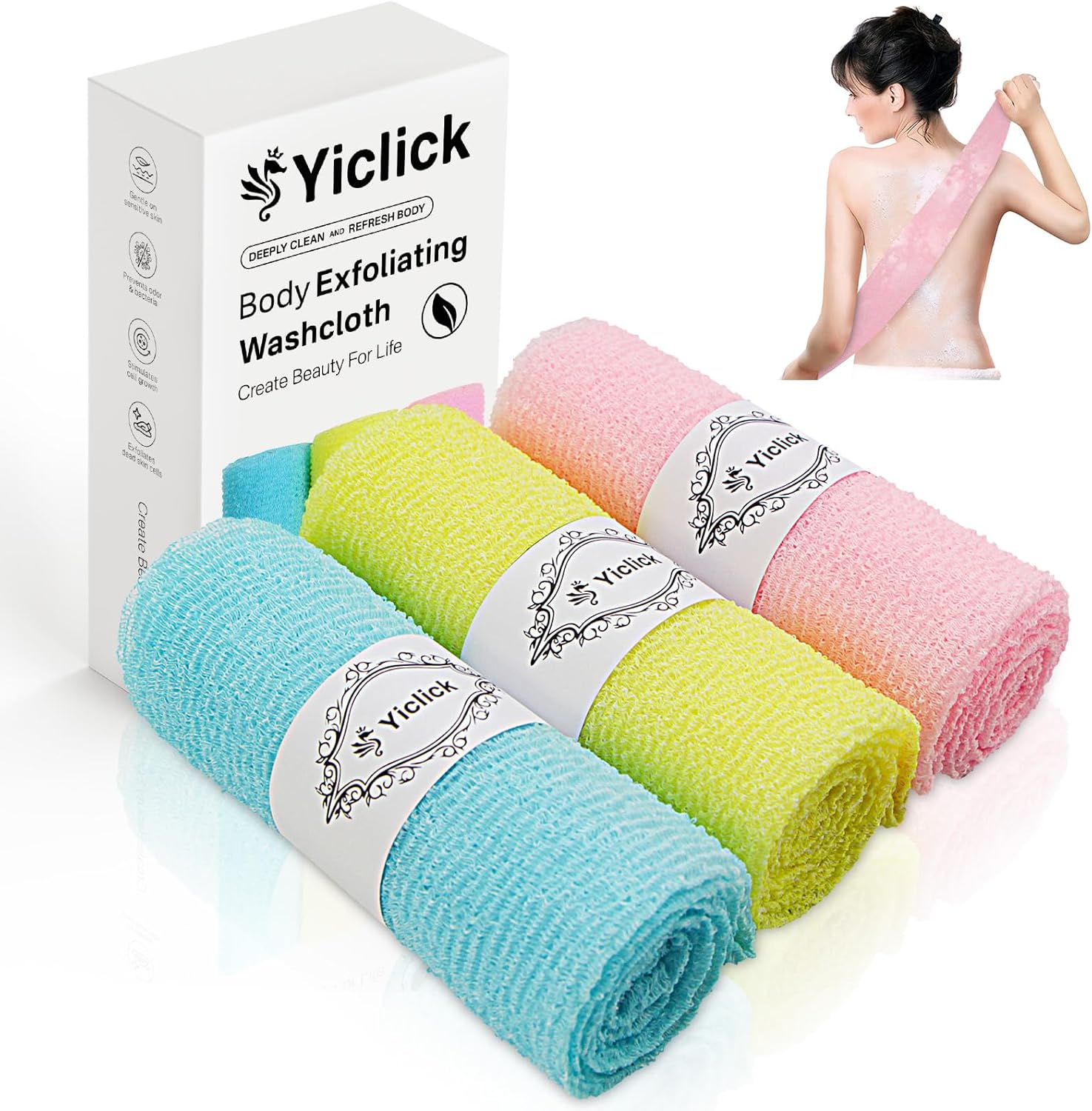 Yiclick Exfoliating Washcloth Towel (3-Pack) — Japanese/Korean-Style Back Scrubber for Shower, Bath & Travel