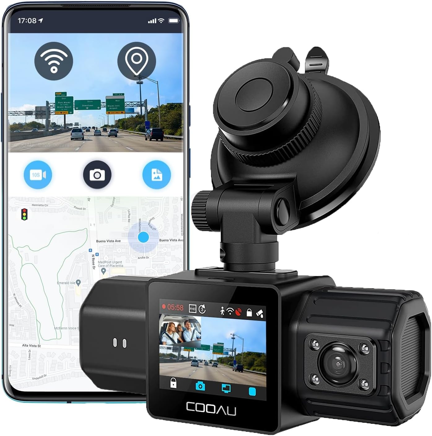 Detalle de COOAU Dual Dash Cam 2.5K front and 1080P interior