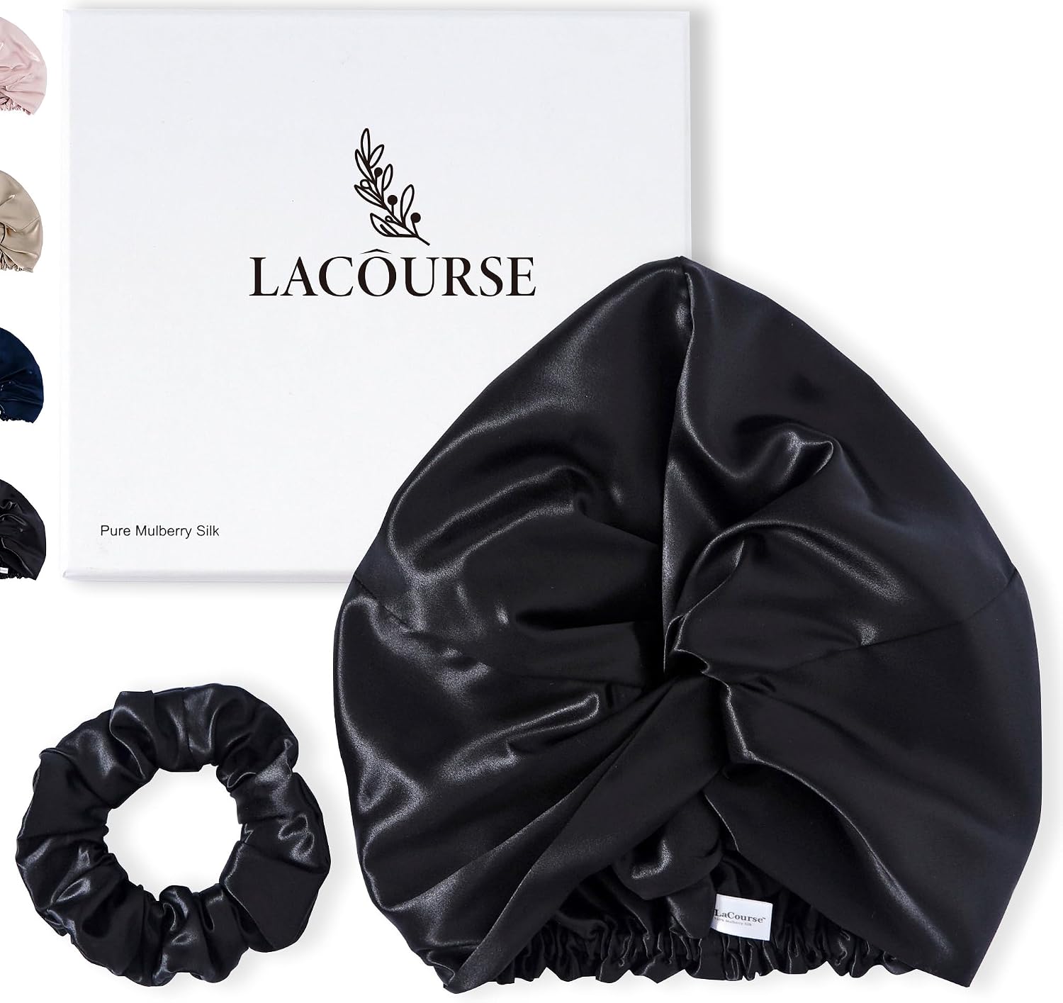 Detalle de LaCourse rutschfeste, verstellbare Seidenhaube (22 Momme, 100% Maulbeerseide) zum Schlafen – Schwarz