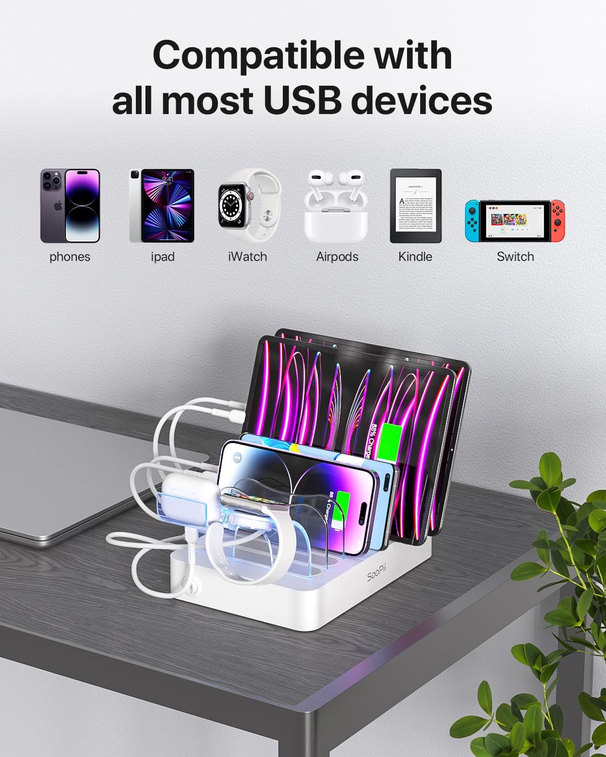 Detalle de SooPii 6-Port USB Charging Station Organiser (50W) with Cable Set and i-Watch/AirPods Holder, White