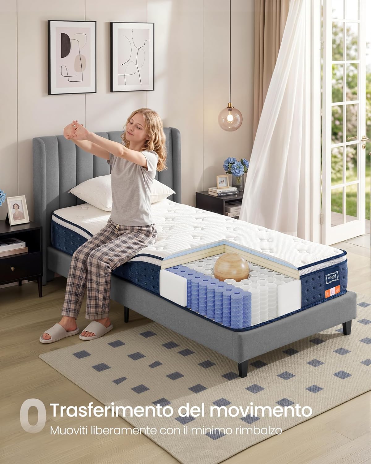 Detalle de VASAGLE Materasso Singolo 80 x 190 x 25 cm Ibrido con Molle Insacchettate e Memory Foam con Gel – Blu RMZ202QZ02