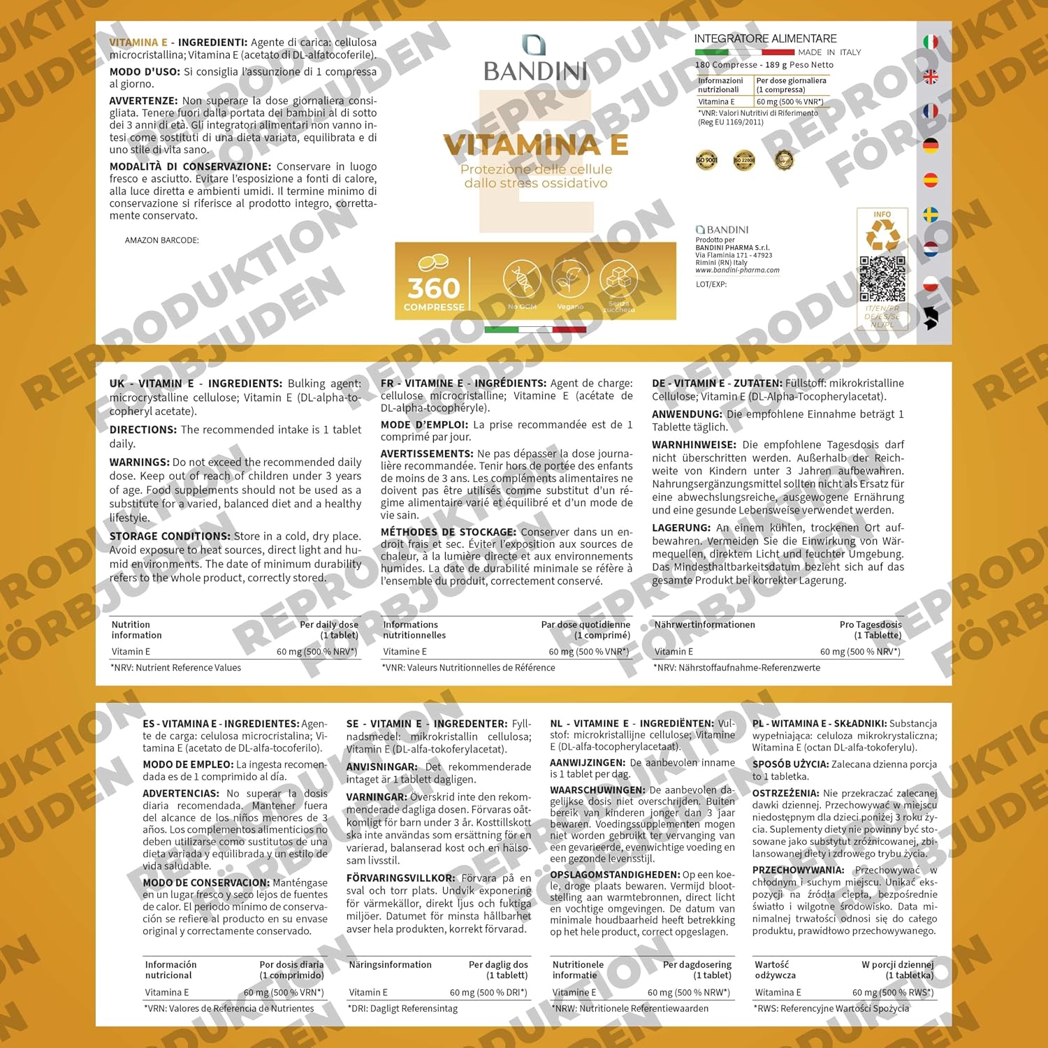 Thumbnail 4 de BANDINI Vitamin E, 360 tabletter med 60 mg per tablett, veganskt kosttillskott