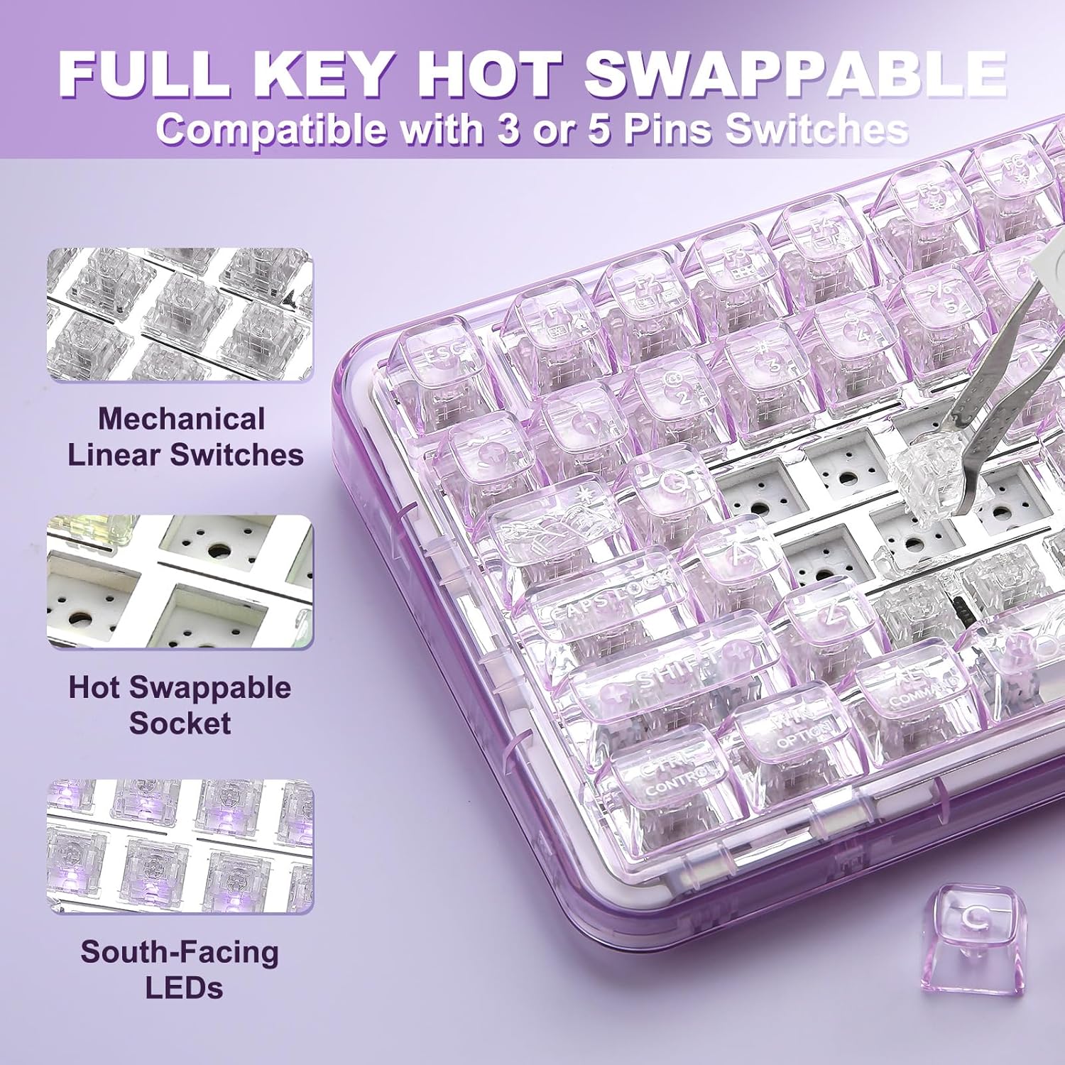 Thumbnail 4 de YUNZII X98 QMK/VIA Tri-Mode Wireless Mechanical Keyboard with Knob (Purple, Crystal Switch)