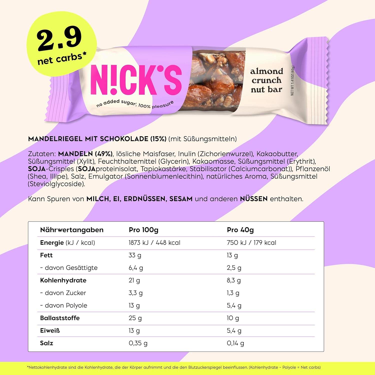Thumbnail 1 de NICKS Keto Riegel Almond crunch 40g 🍫