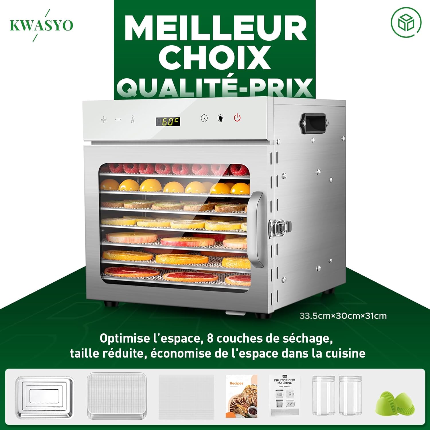 Thumbnail 2 de Kwasyo déshydrateur alimentaire en acier inoxydable 8 plateaux (30 à 90 °C) avec minuterie 24 h