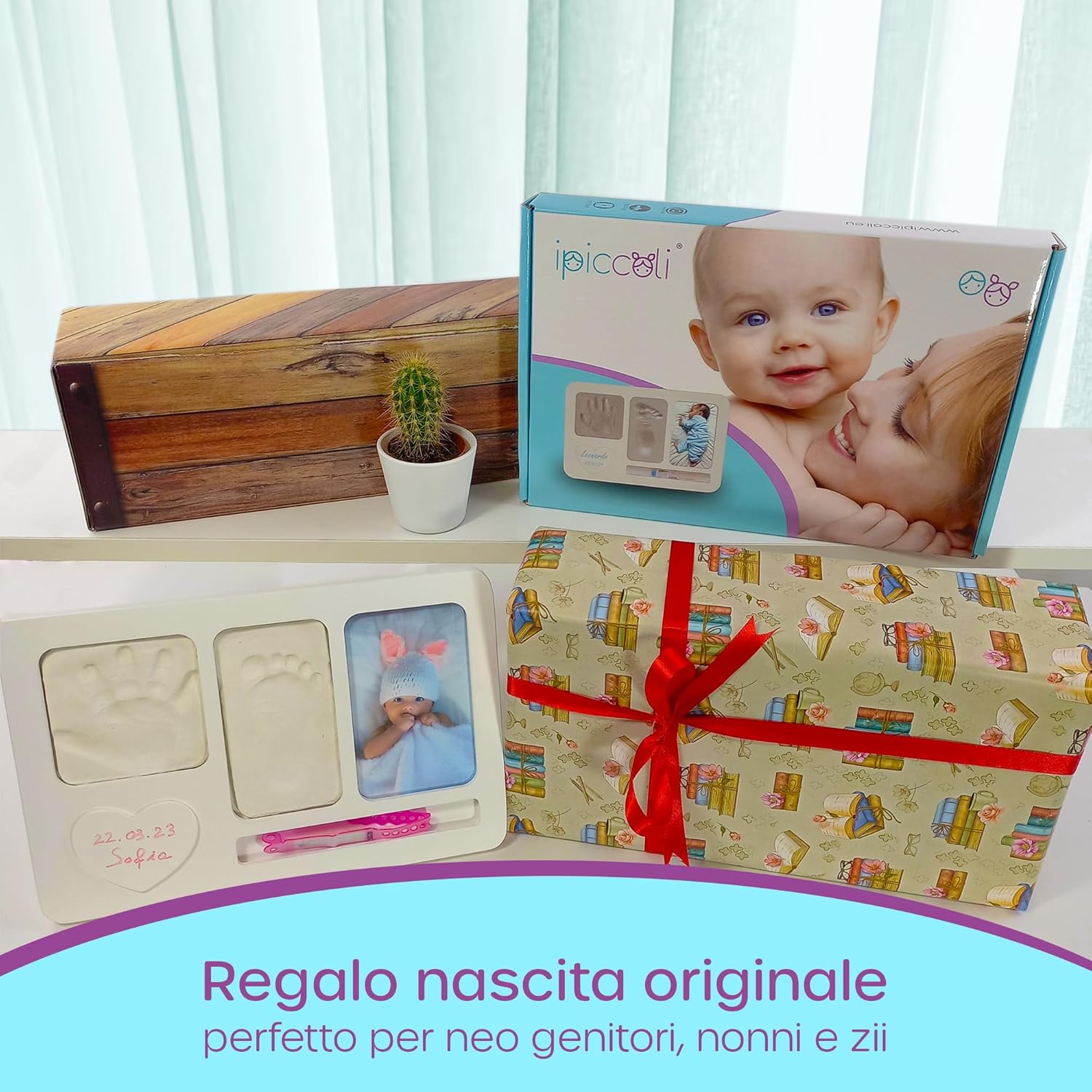 Detalle de iPiccoli Cornice Impronte Neonato – Set completo per ricordi di nascita con impronte, braccialetto e porta foto 30x20 cm