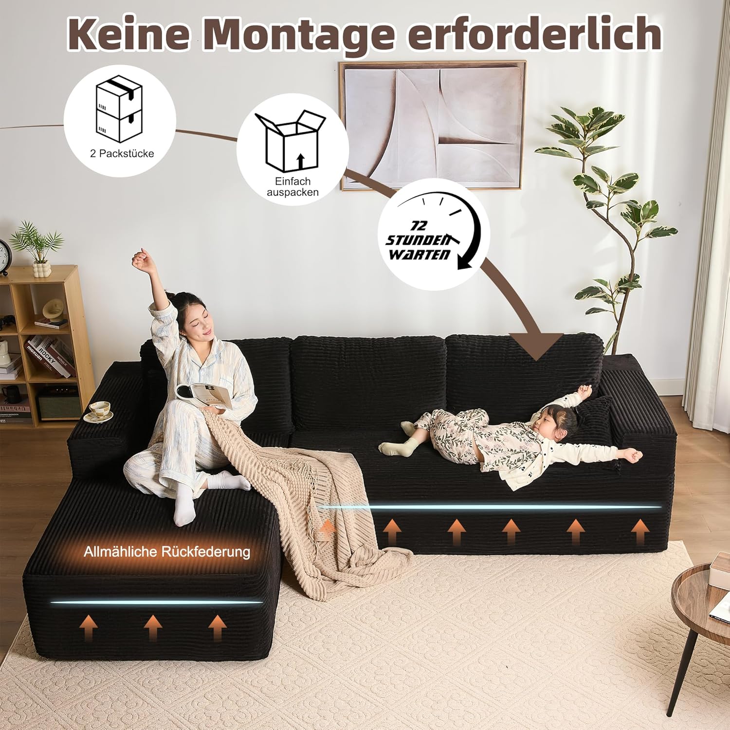 Thumbnail 6 de Litbird modulares L-förmiges Ecksofa mit Schlaffunktion und Chaiselongue links – rahmenloses Schlafsofa, schwarz