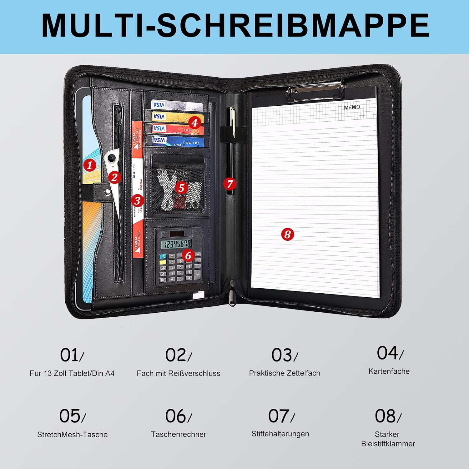 Thumbnail 4 de Leathario A4 Konferenzmappe mit Reißverschluss – Schreibmappe/Portfolio für Dokumente & Schreibblock (schwarz)