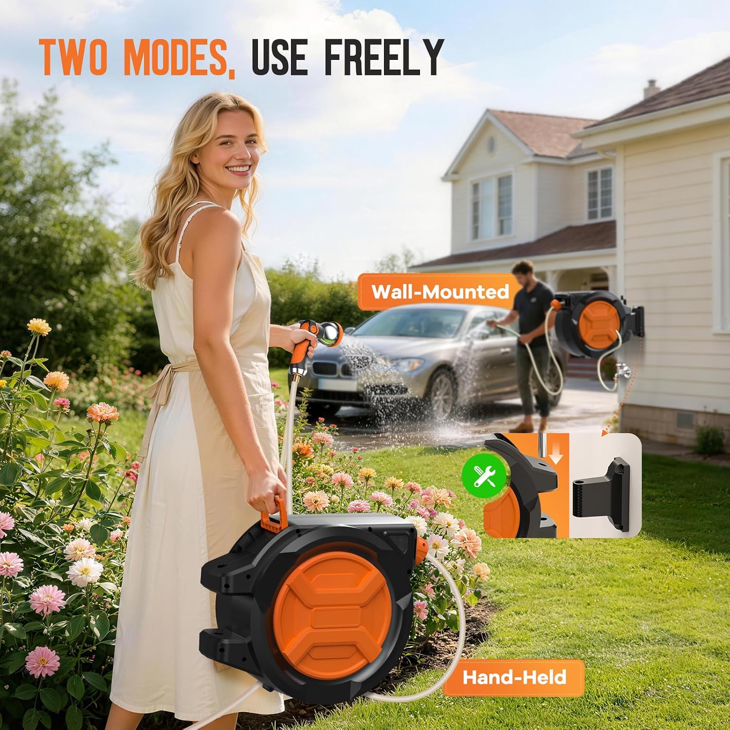 Thumbnail 5 de Garden Hose Reel 2-in-1 Wall Mounted Portable Auto Rewind Hose Reel with 180° Swivel Bracket, Any Length Lock & 9-Pattern Nozzle (1/2in 30+2m)