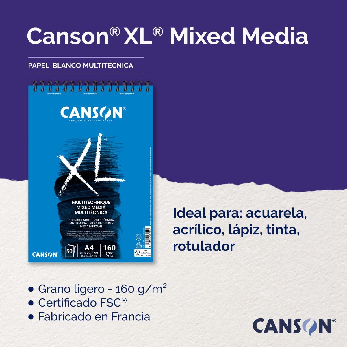 Detalle 2 de Canson XL Mix Media Tessuto Album spirale Microperforato A4, 50 fogli, 160 g