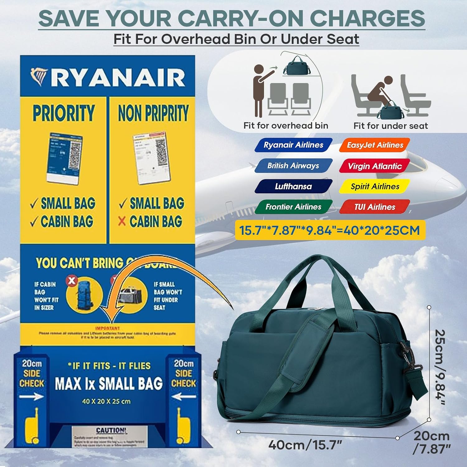Detalle de For Ryanair Airlines Underseat Cabin Bag 40x20x25cm – Expandable Weekend Carry On with Wet Pocket