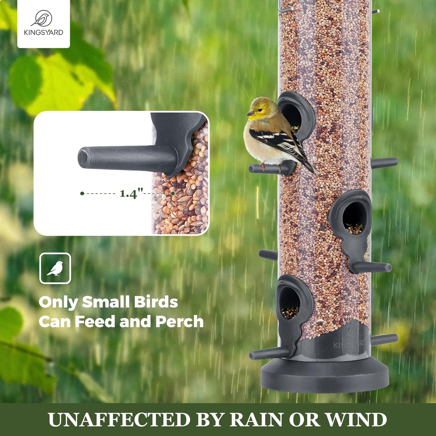 Detalle de Kingsyard 2-Pack Tube Feeders with 6 Feeding Ports (Weatherproof Hard Plastic & Steel Hanger) — Black