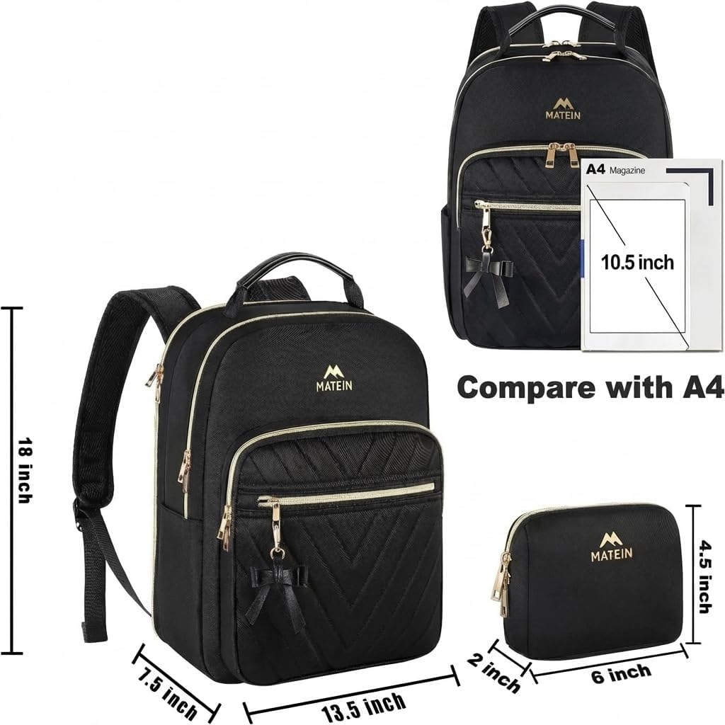 Detalle de MATEIN Damen-Rucksack Klein 2-in-1 Set mit Geldbeutel, wasserdicht, mit USB-Ladeanschluss (bis 13,3 Zoll) – Schwarz