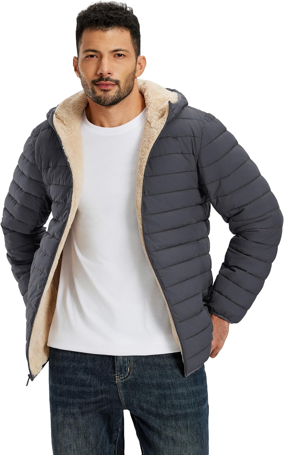 Detalle 2 de TACVASEN Men's Hooded Puffer Jacket with Sherpa Lining and Zip Pockets
