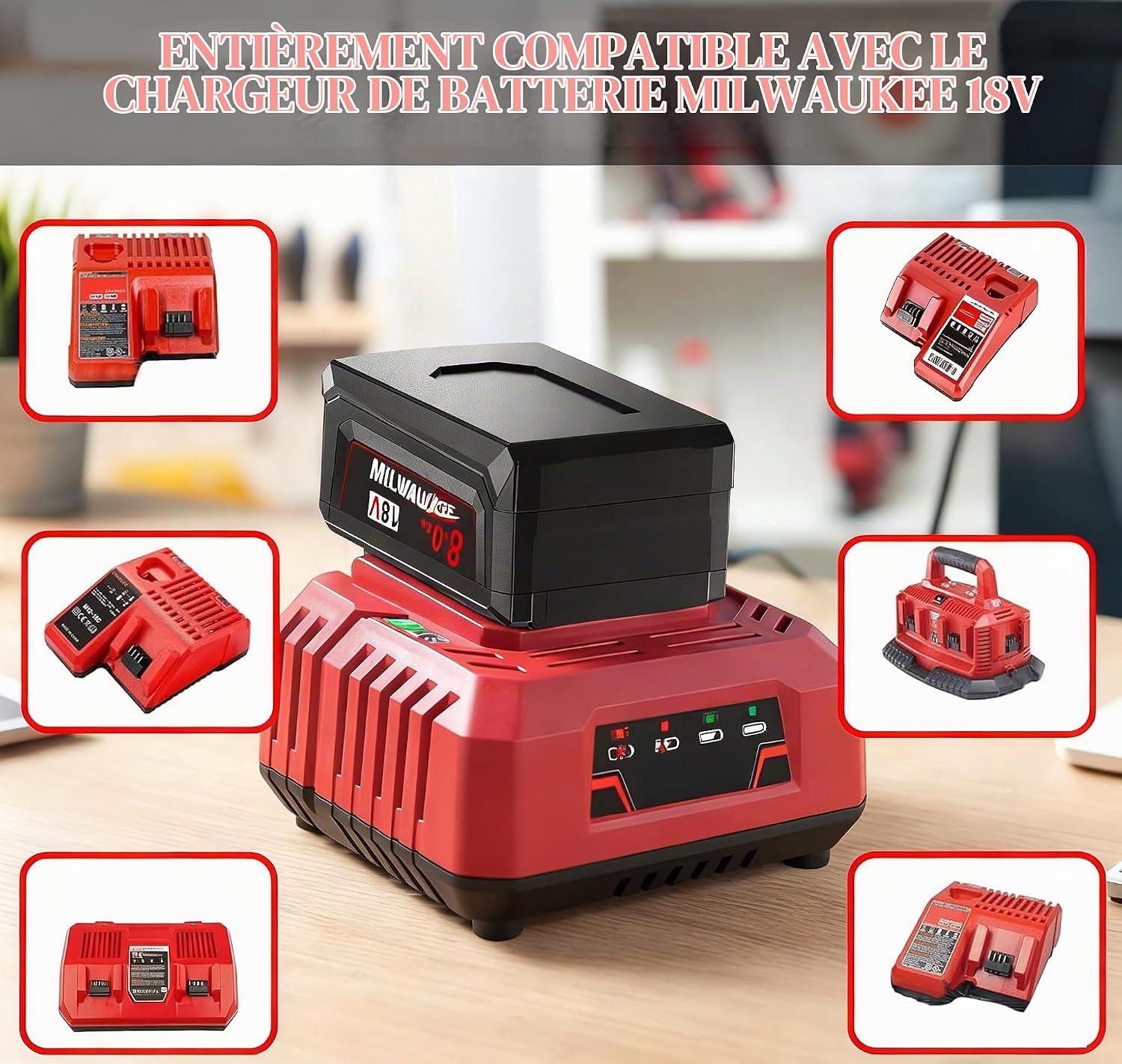 Thumbnail 2 de Powtree 2 x 18 V 8,0 Ah reserveaccu’s met 4 A-oplader voor Milwaukee