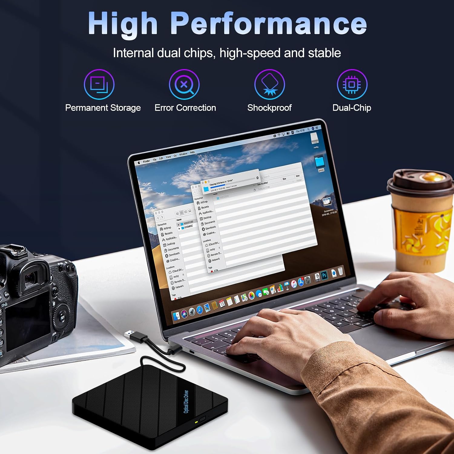 Detalle de 8-in-1 External CD/DVD Drive for Laptop (USB 3.0 Type-C) with SD/TF Slots & 4 USB Ports