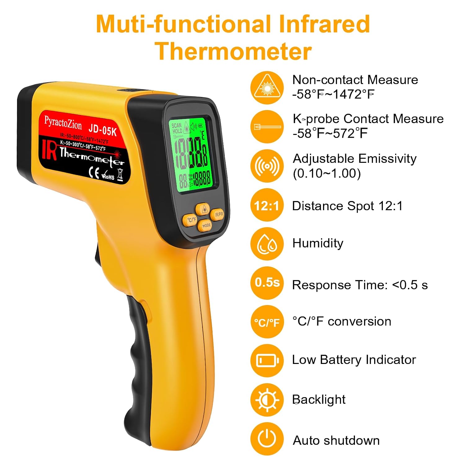 Detalle 2 de PyractoZion Z-JD-05K-yellow-CA Dual-Mode Infrared Thermometer Gun