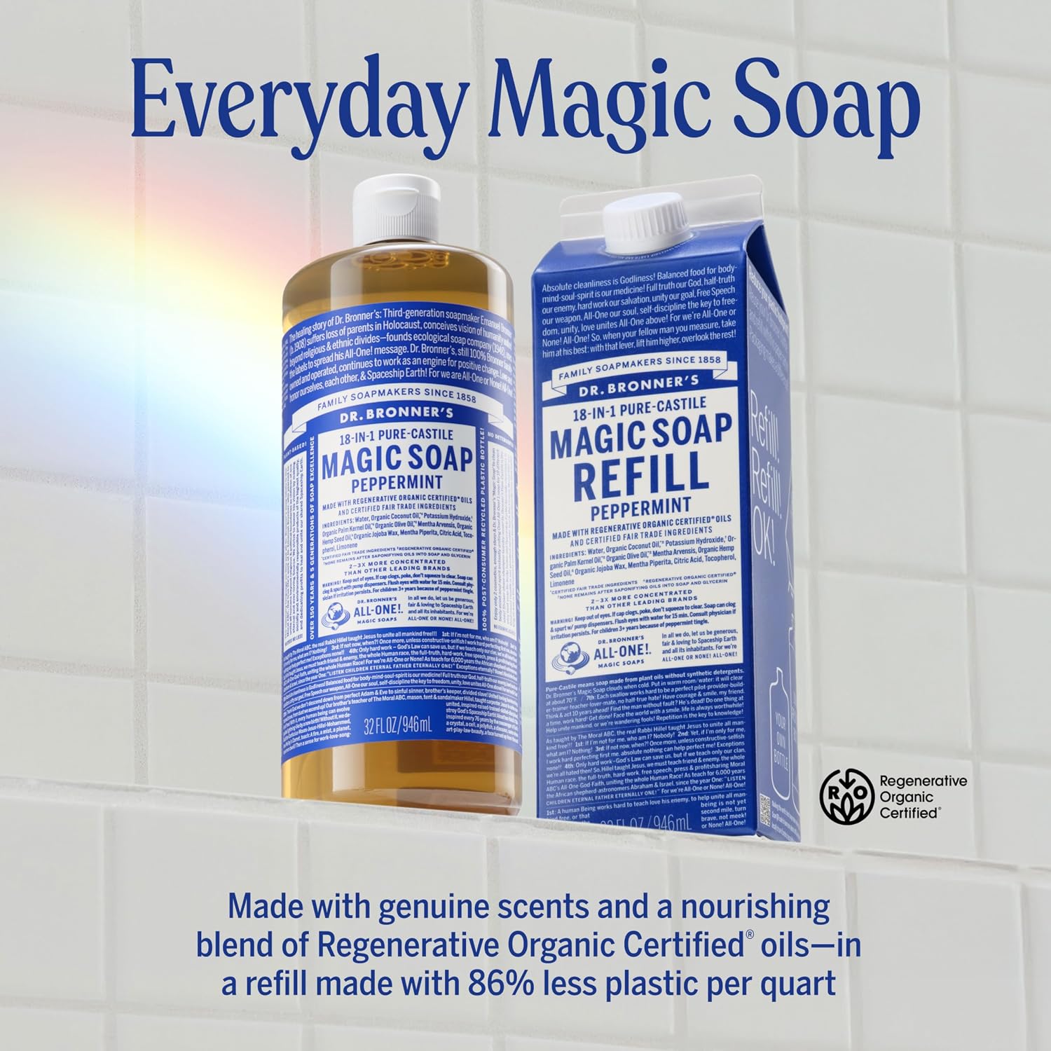 Detalle de Dr. Bronner’s Pure-Castile Peppermint Liquid Soap, 32 oz, 18-in-1