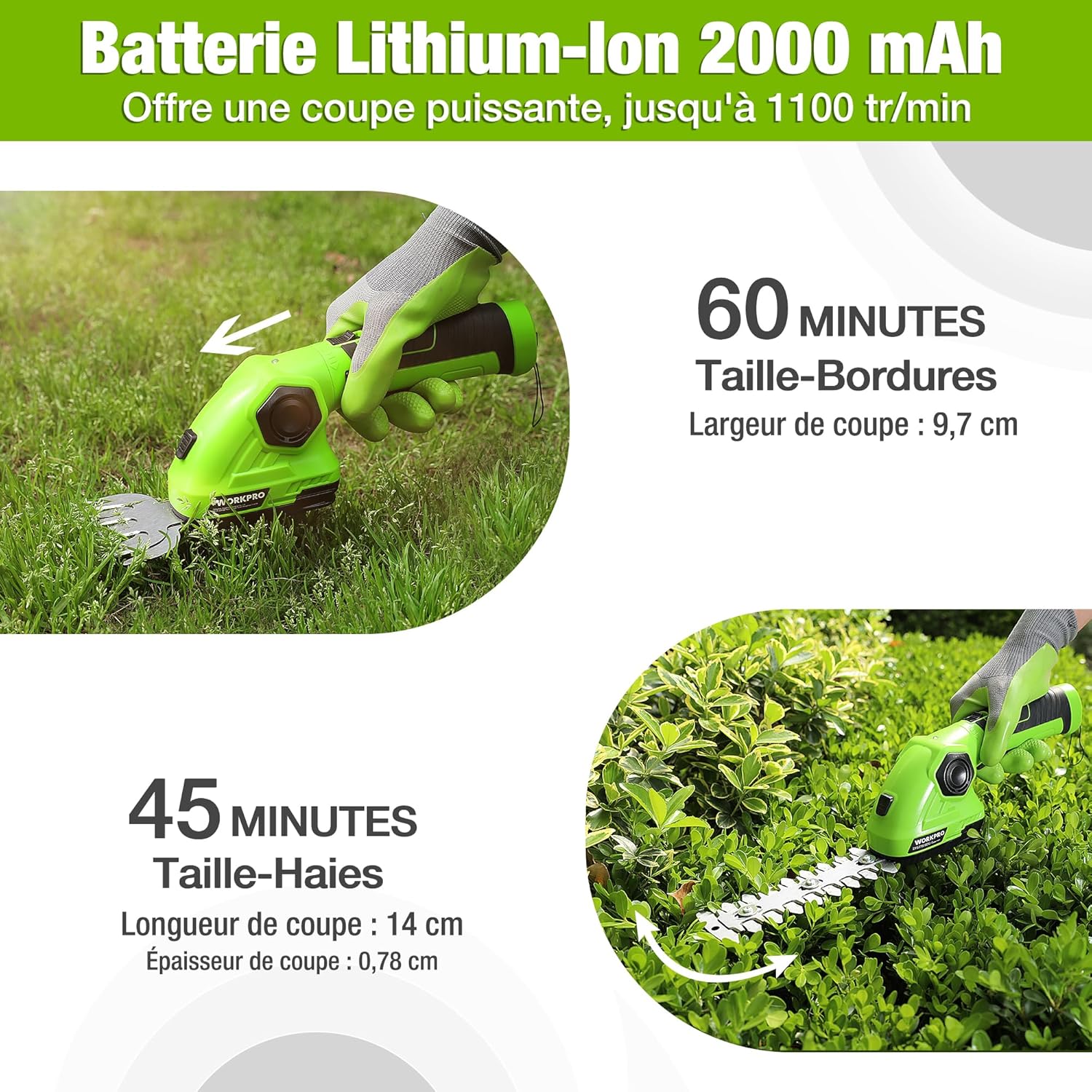 Detalle de WORKPRO Cisaille Sculpte-Haie et Taille-Herbes sans Fil 7,2 V – 2 en 1, 97 mm/140 mm