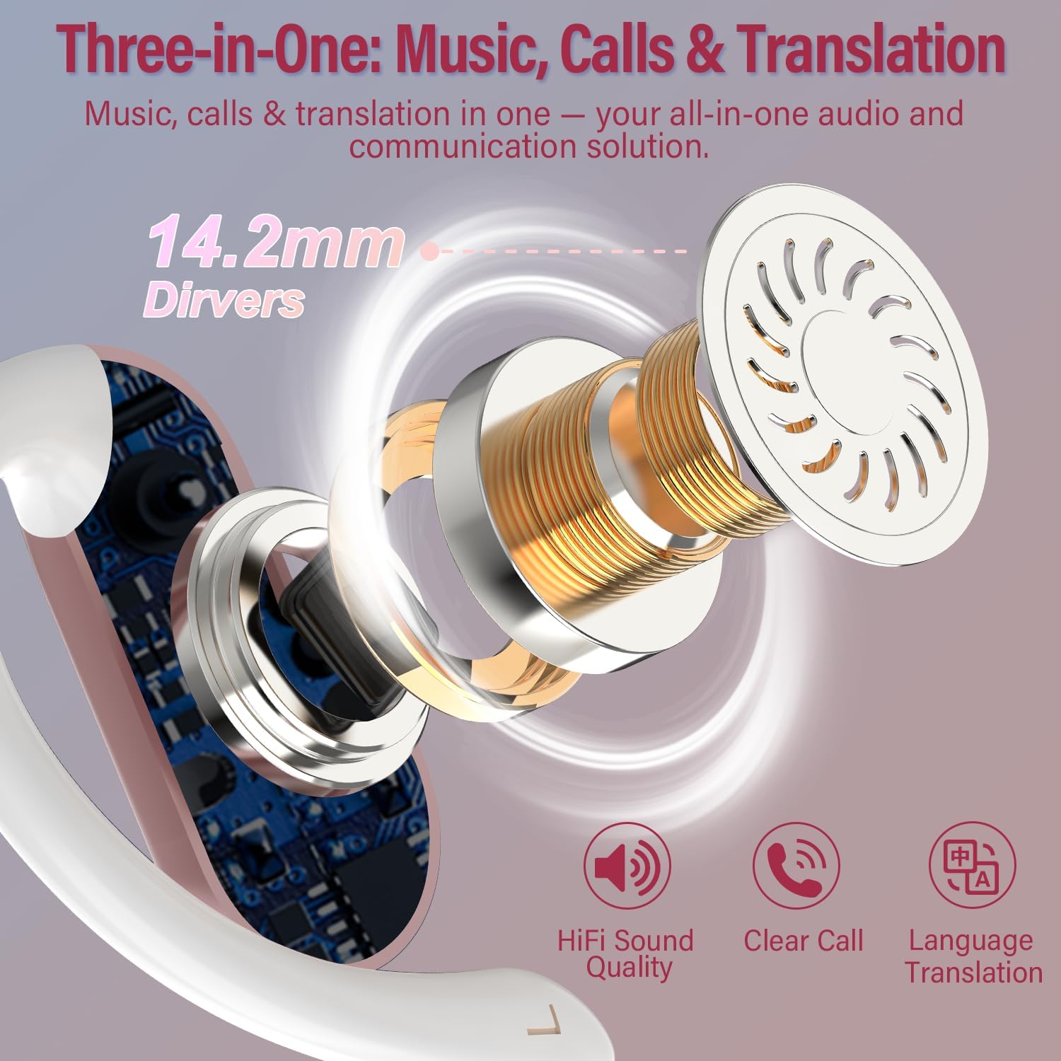 Detalle de AI Écouteur Traducteur Instantané 3 en 1 – Bluetooth 5.4, 165 langues, LED, 42h, Open Ear Rose