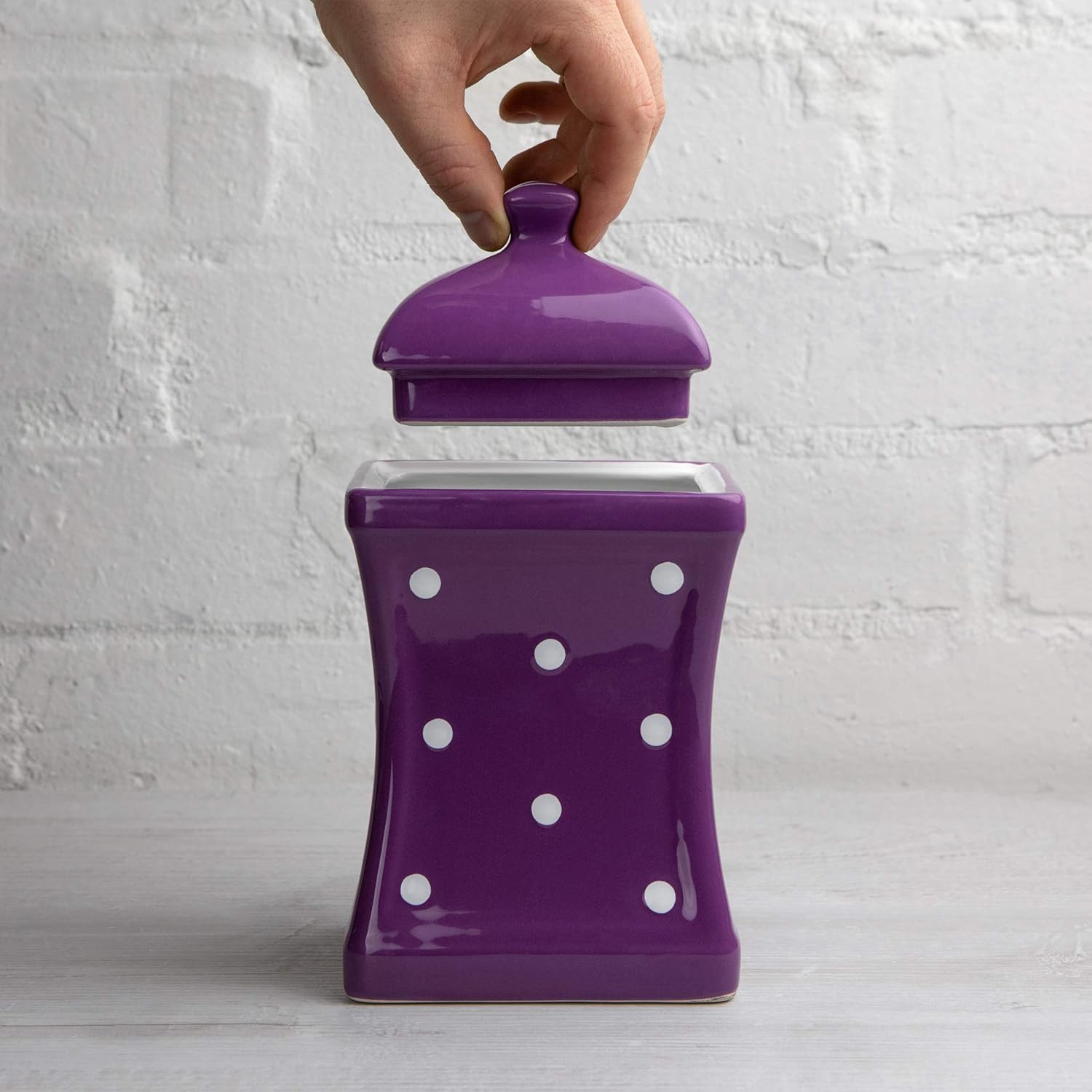 Detalle de City to Cottage Purple and White Polka Dot Spotty Ceramic Canister, 900ml