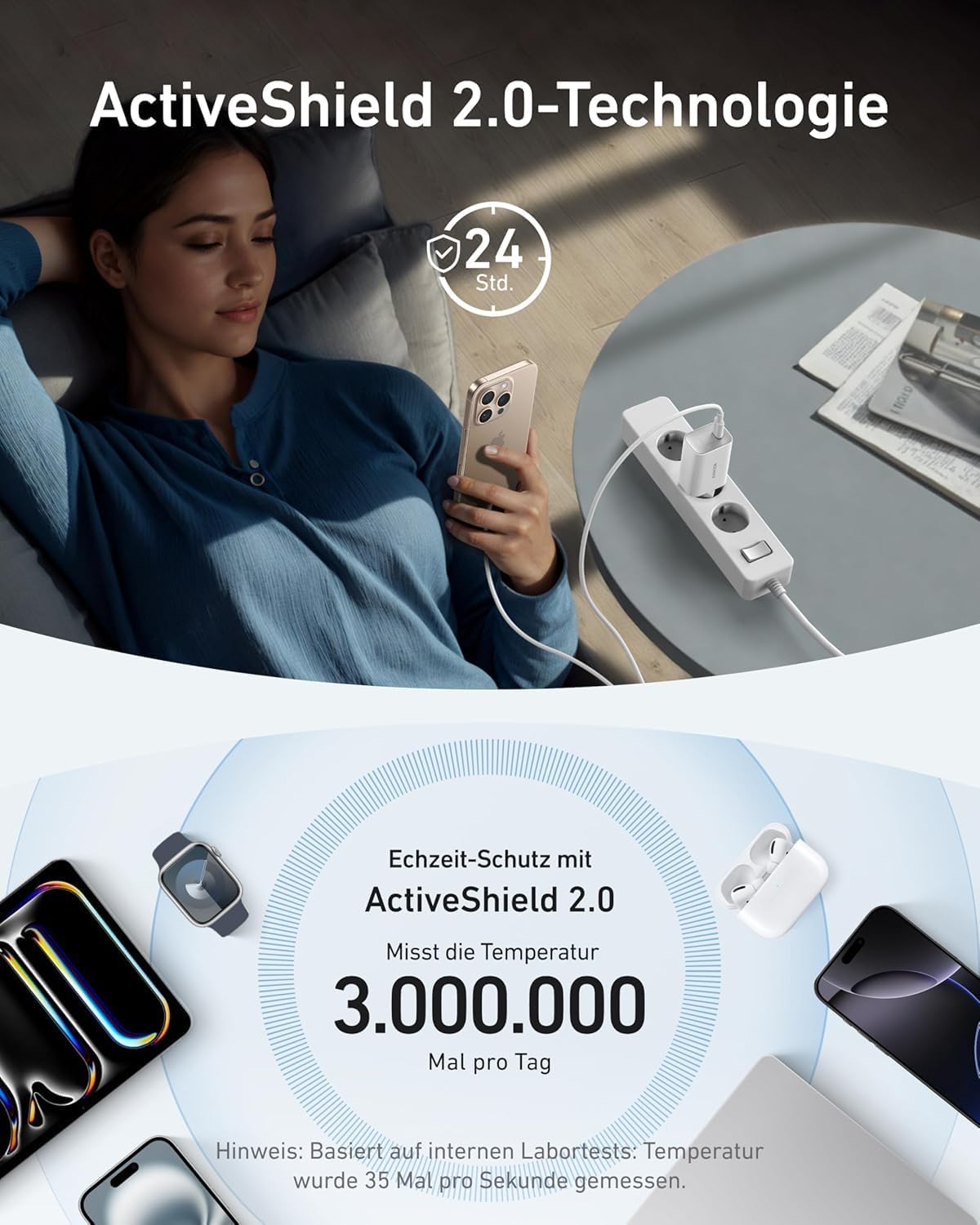 Detalle de Anker Nano 100W Ladegerät – kompaktes 100-W-Netzteil für MacBook, iPad, iPhone und USB‑C Geräte (inkl. 1,8 m USB‑C Kabel)