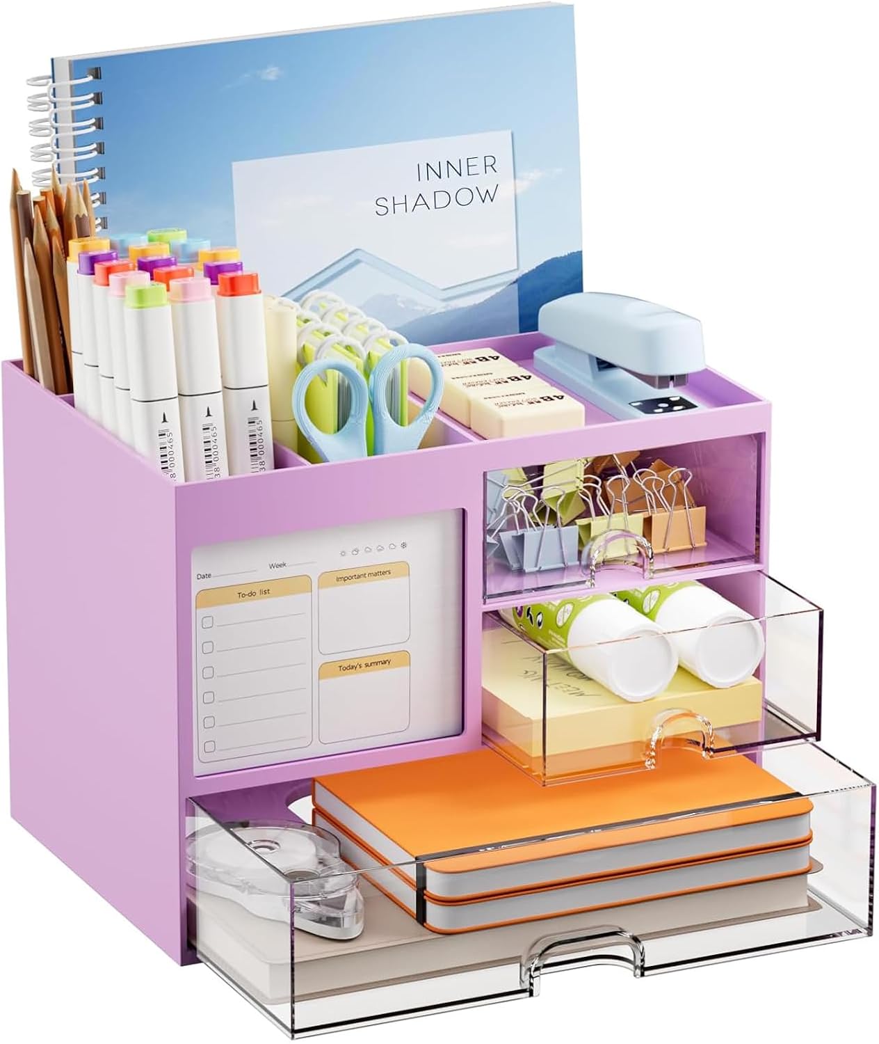 Detalle de Marbrasse Schreibtisch Organizer mit 3 Schubladen – violett, große Kapazität, 20,32 × 14,23 × 15,5 cm