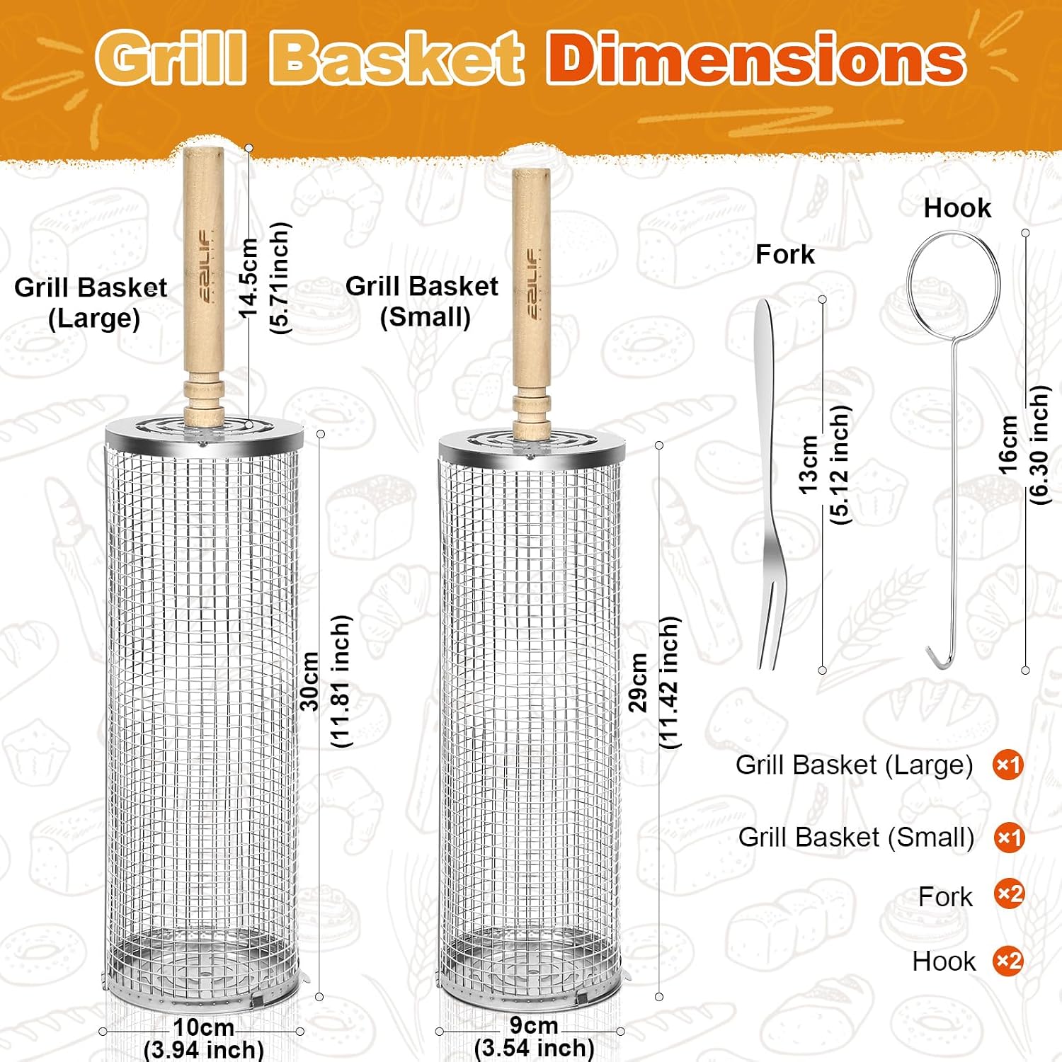 Detalle 2 de Ezilif 2PCS Rolling Grill Baskets – 304 Stainless Steel, with Detachable Wooden Handle and Nesting Net