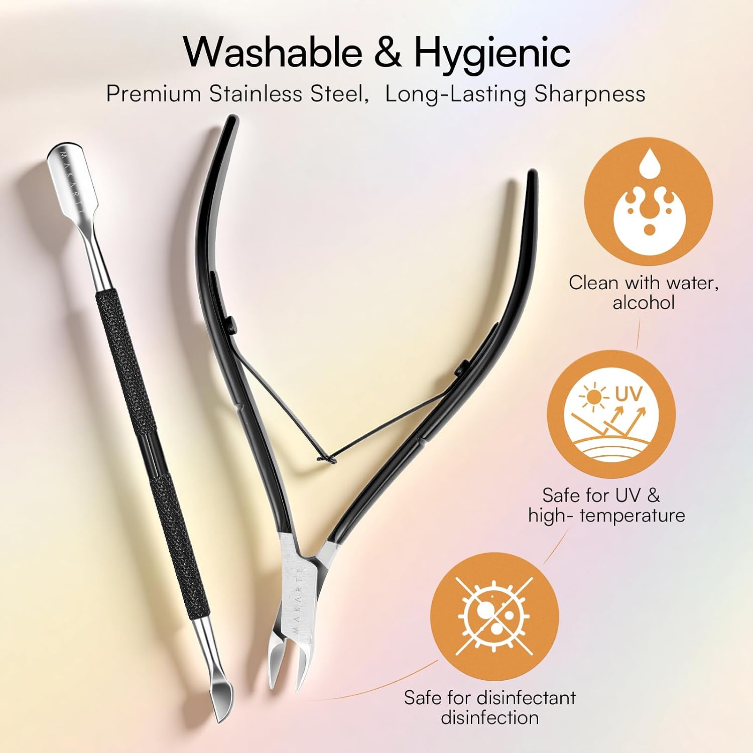 Detalle de Kit Makartt coupe-cuticules professionnel 2 en 1 avec poussoir et 3 pinces en acier inoxydable
