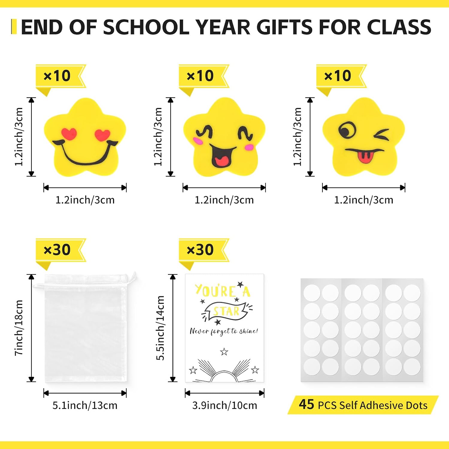 Detalle de 30 Set Gifts for Students from Teachers: Star Eraser Pack with Greeting Cards and Organza Pouches