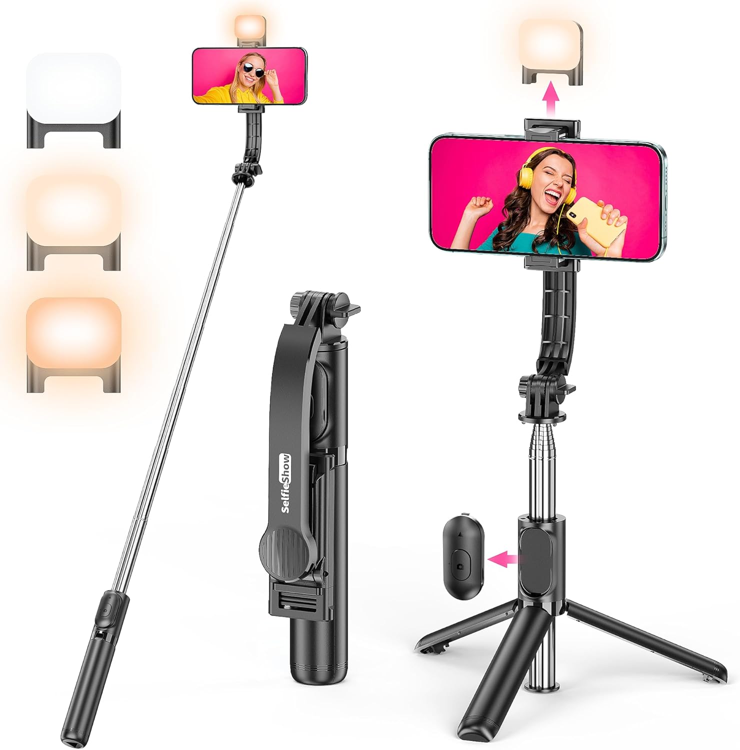 Detalle de SelfieShow Q01SBLACK Selfie Stick Tripod with Fill Light and Remote