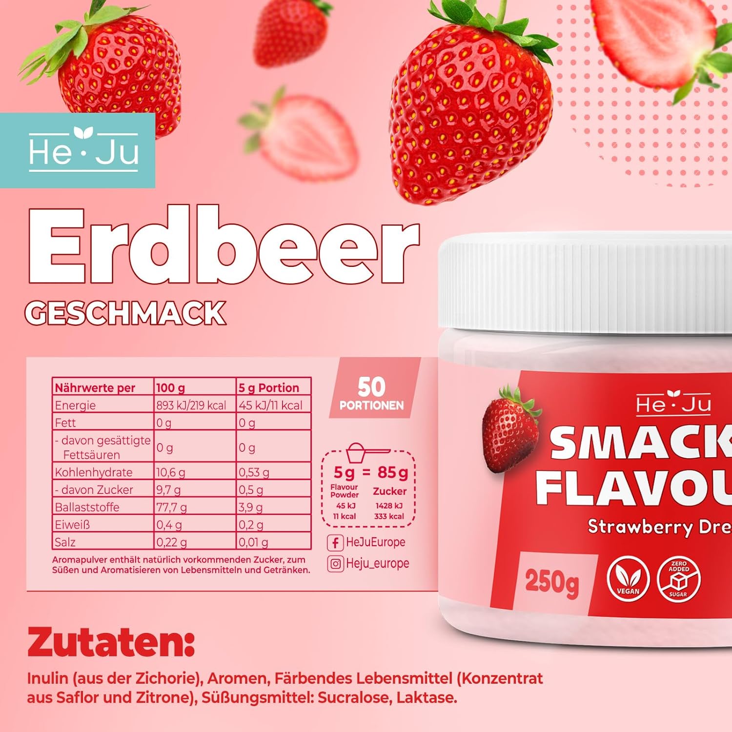Thumbnail 1 de He-Ju Flavour Pulver Erdbeere (vegan) 250 g – zuckerfrei zum Süßen mit Erdbeer-Geschmack