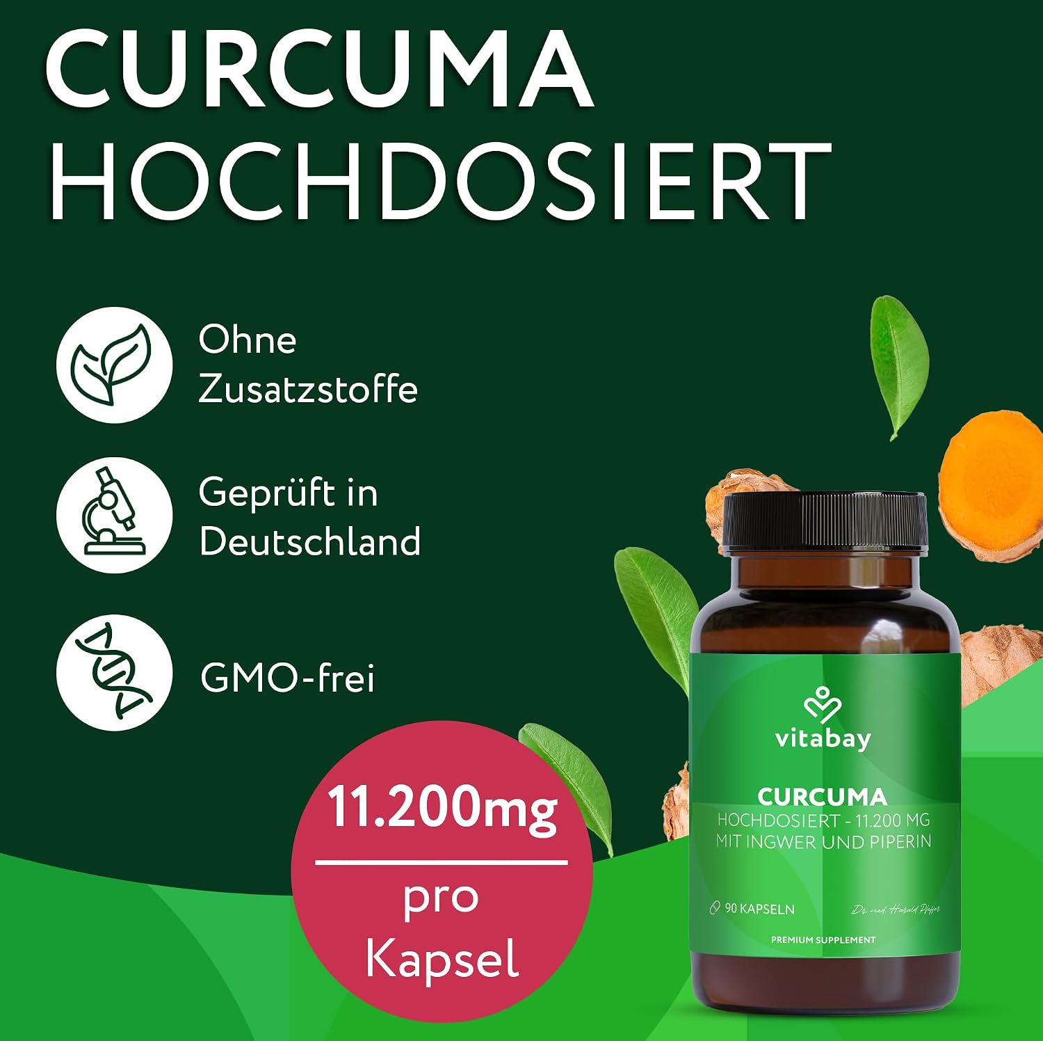 Detalle de Vitabay Kurkuma Kapseln hochdosiert – 90 vegane Kapseln mit Kurkuma-Extrakt (365 mg pro Kapsel)