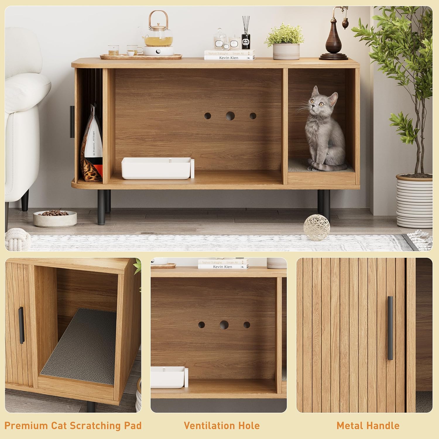 Detalle 2 de Halitaa DE0007 37.4-Inch Cat Litter Box Enclosure with Sliding Door and Scratch Pad