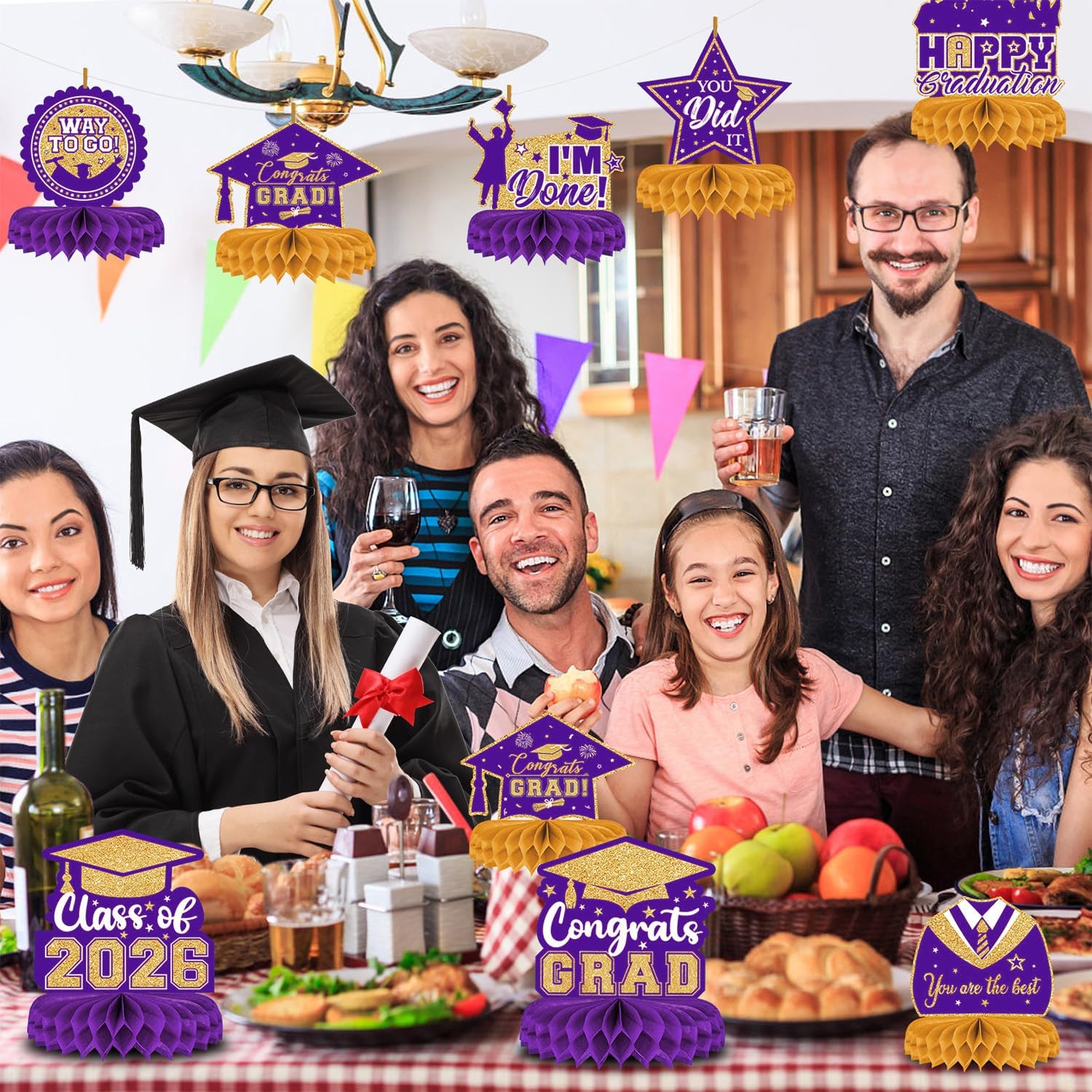 Thumbnail 5 de 8 Pieces Class of 2026 Graduation Table Decorations – Purple and Gold Honeycomb Centerpieces
