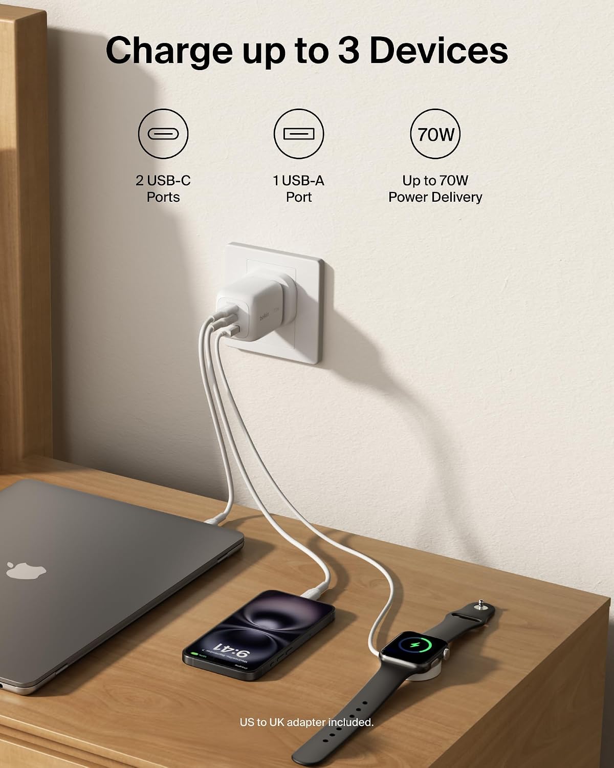 Detalle 2 de Belkin 3-Port USB-C Plug 70W GaN Wall Charger (2x USB-C + 1x USB-A), White