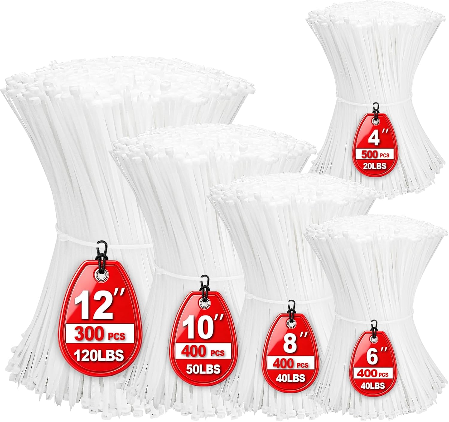 Detalle de OUPENG 4+6+8+10+12-Inch Self-Locking Cable Ties, 2,000-Piece White Nylon Set