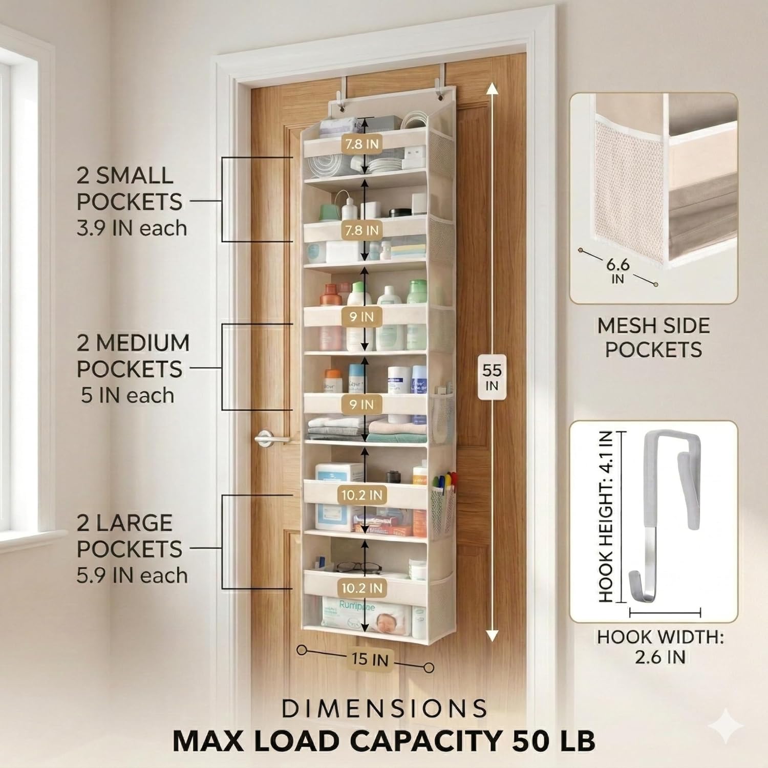 Thumbnail 1 de HOMELUX THEORY UPGRADED 6-Tier Over-the-Door Organizer (Ivory) with 12 Side Mesh Pockets
