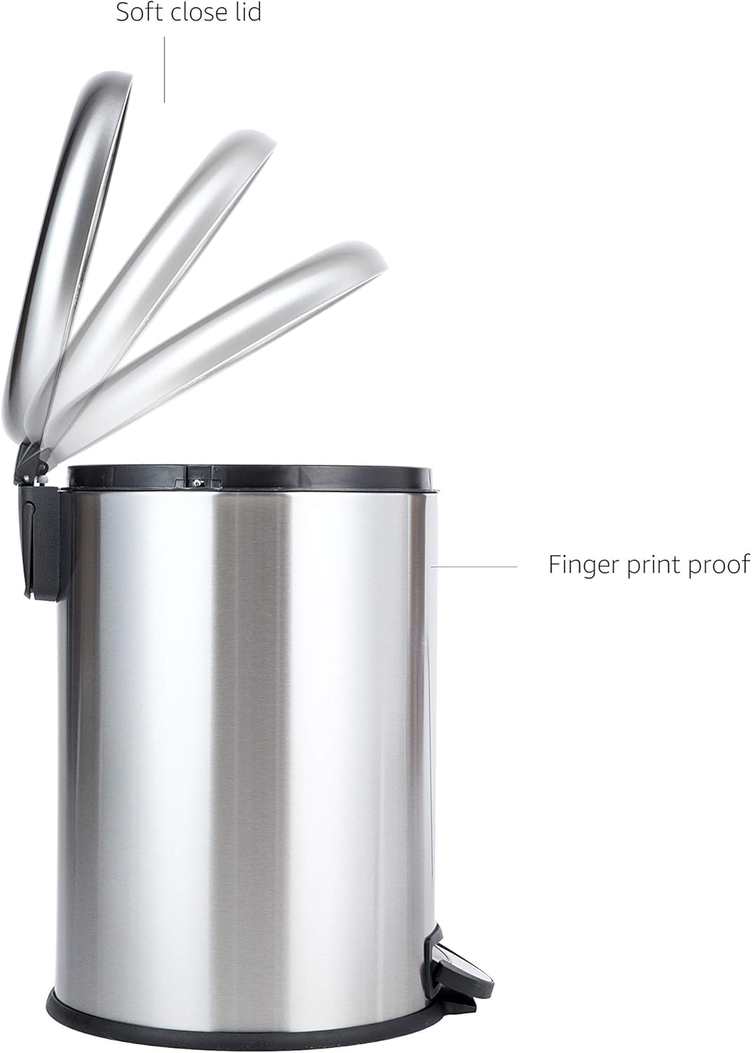 Detalle 2 de Amazon Basics 20L Cylindrical Stainless Steel Dustbin with Round Pedal and Soft-Close Lid