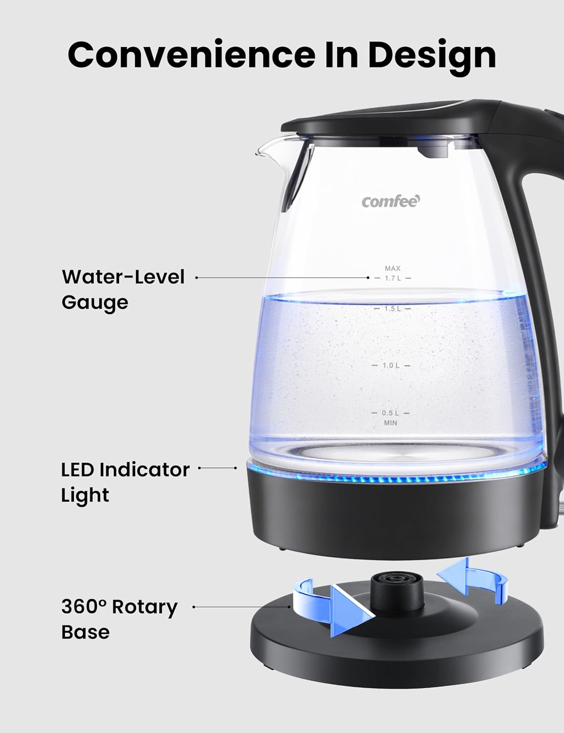 Detalle 2 de COMFEE' 1.7L Electric Kettle with LED Indicator, 1500W, Glass Boiler — Fast Boil & BPA Free