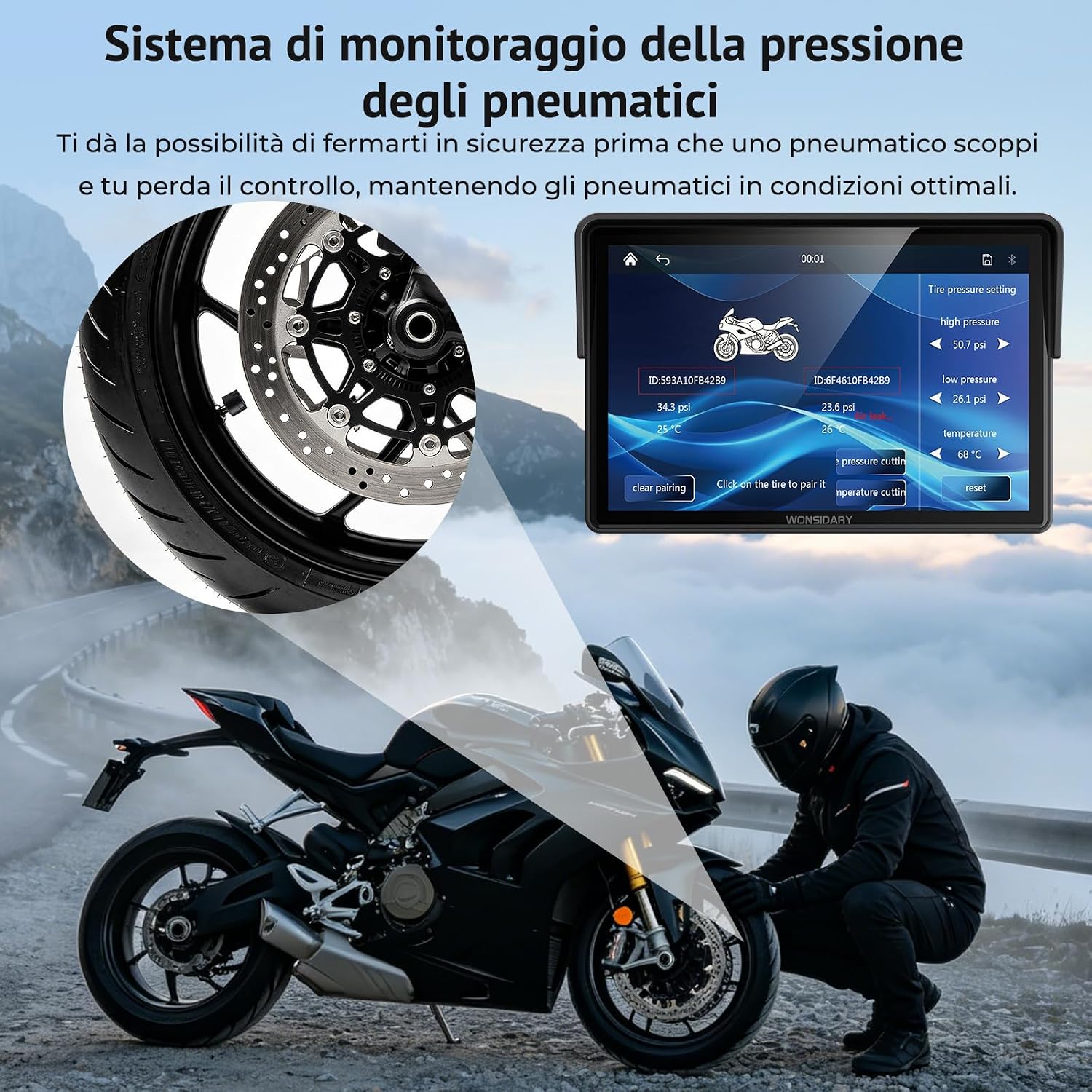Detalle de Wonsidary W522TPMS: Schermo Moto CarPlay Wireless da 5'' con TPMS, IP67 e Audio Bluetooth Doppio