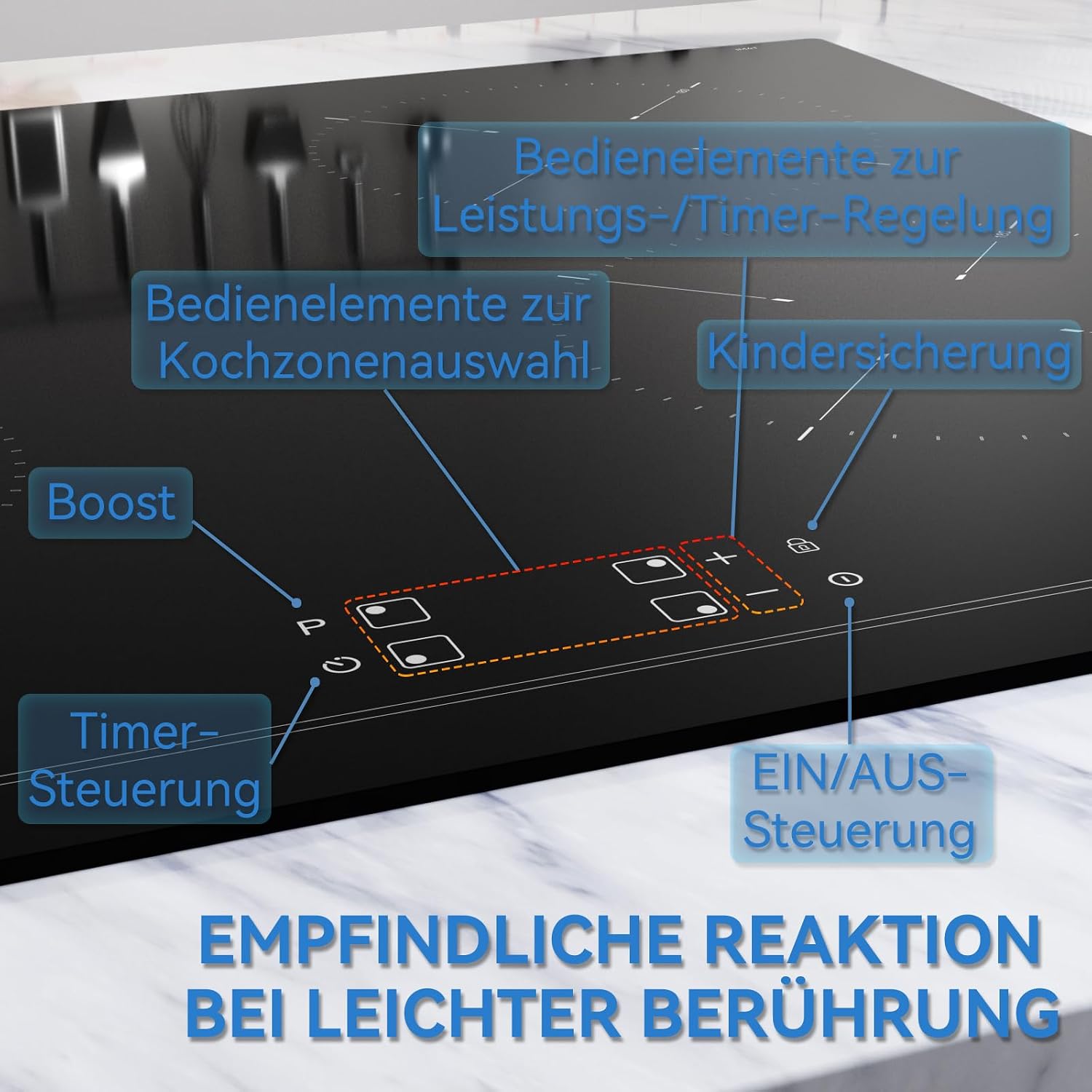 Detalle 2 de Hermitlux Induktionskochfeld 60 cm mit 4 Zonen, Booster & Touch-Bedienung (9 Leistungsstufen)